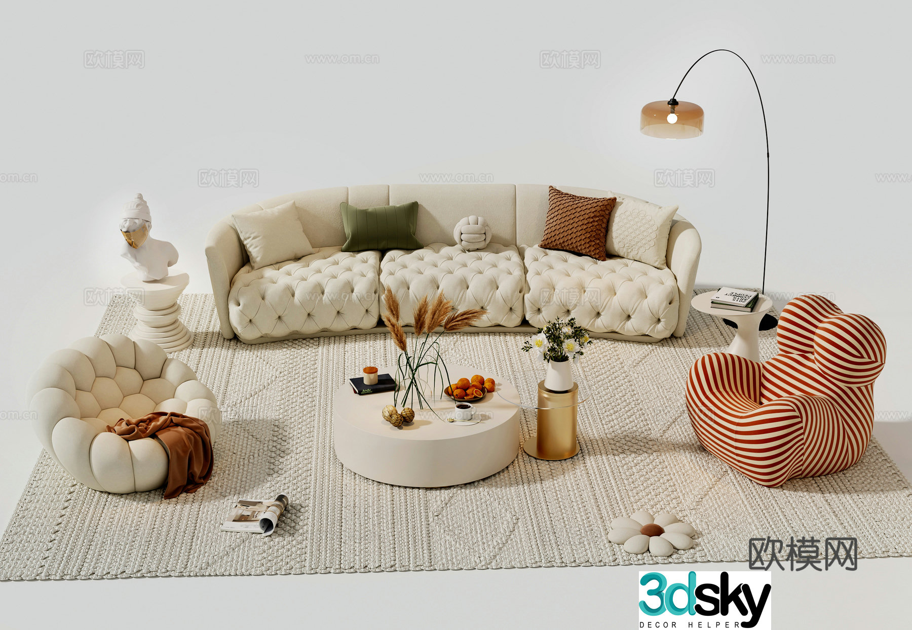 Creamy sofa coffee table combination sofa 3D model