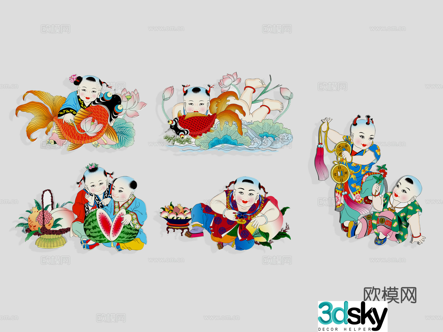 New Year painting auspicious and wealthy children boys tradition hand-painted wall decoration decoration elements symbols 3d model
