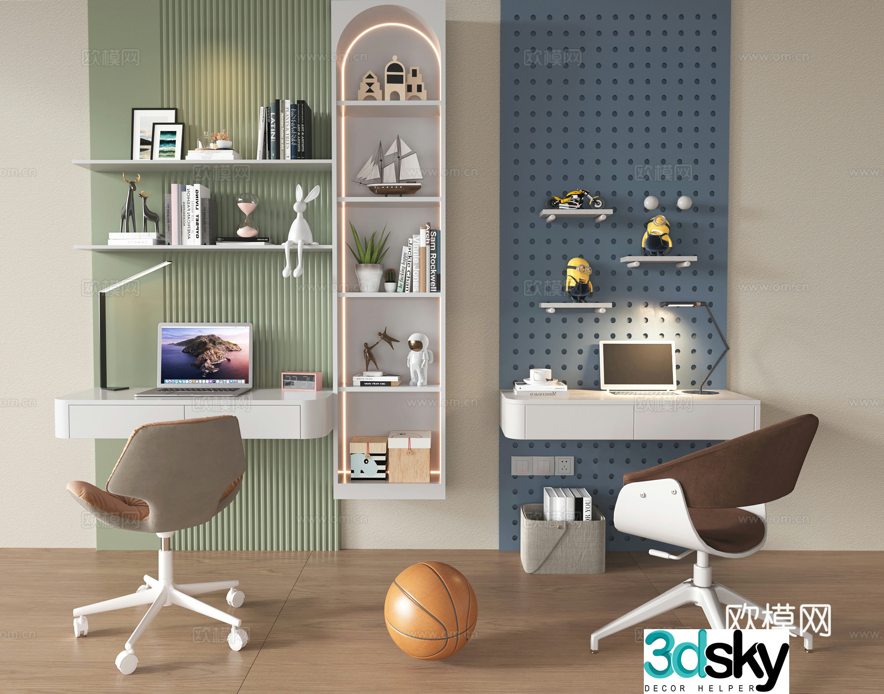 Modern children’s desk and chair combination bookcase decorative cabinet study table hole board wall decorative panel 3d model