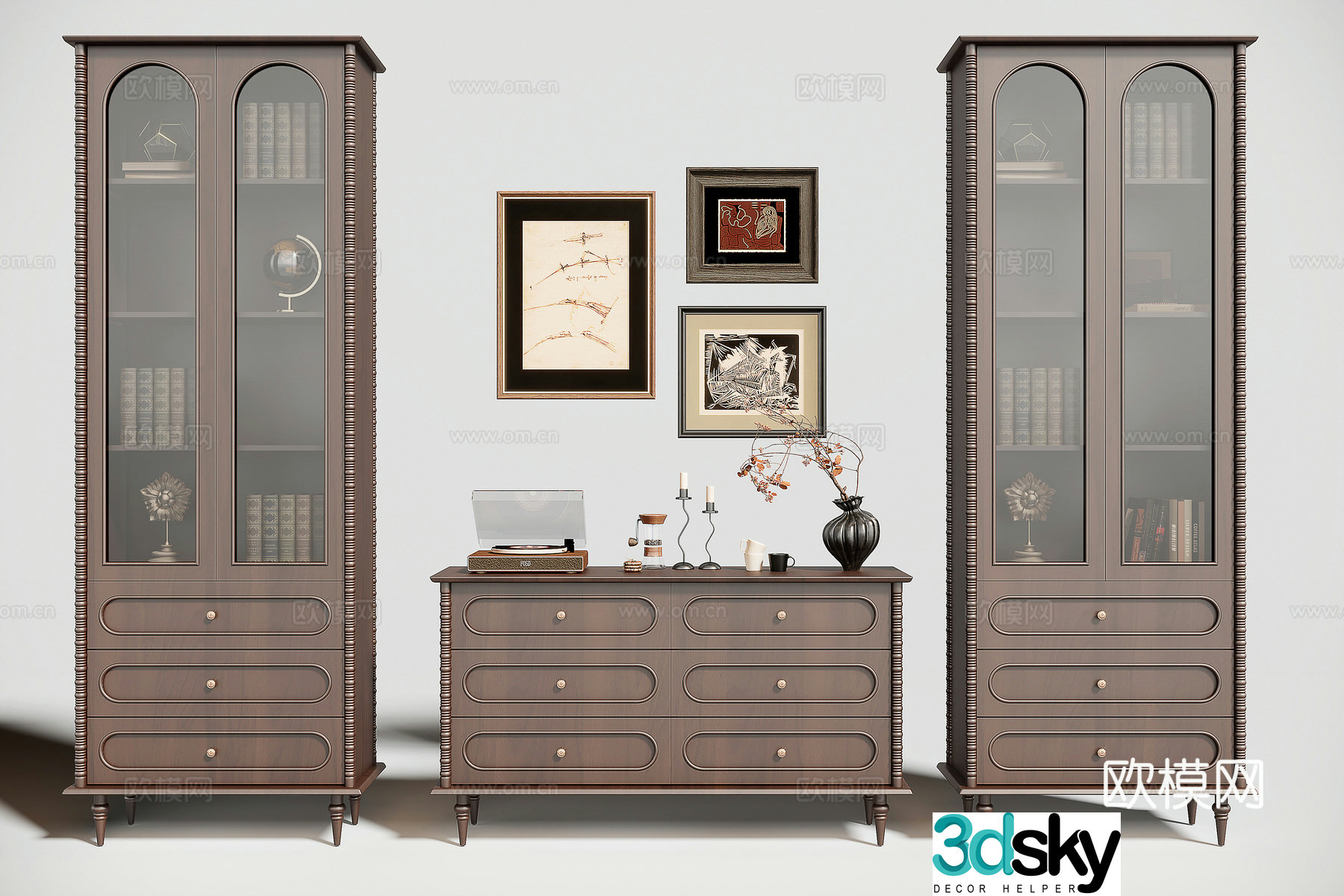 American solid wood finished bookcase chest of drawers 3D model