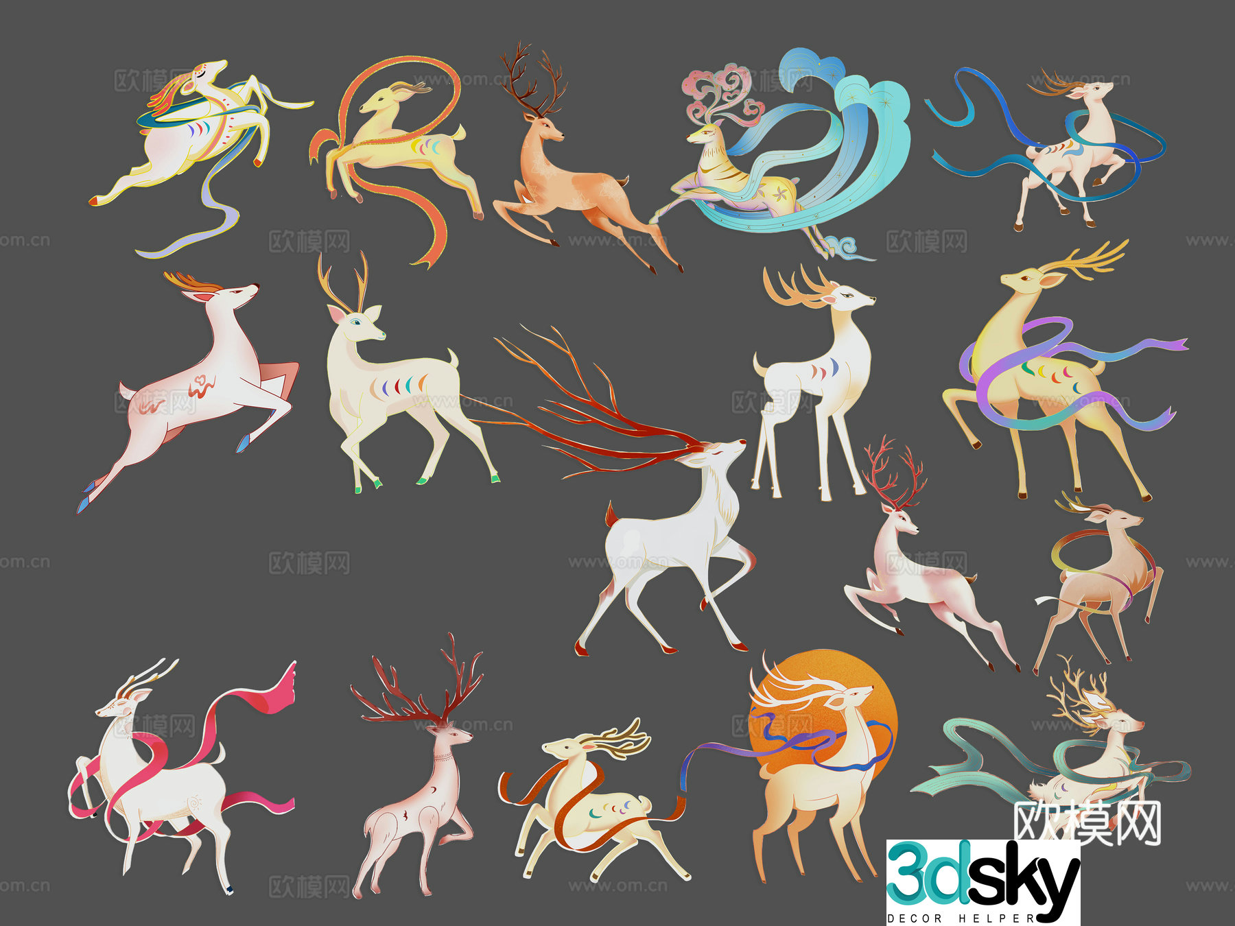 New Chinese style wall decoration national trend Dunhuang nine-color deer deer auspicious beast sika deer wall decoration pendant 3D model