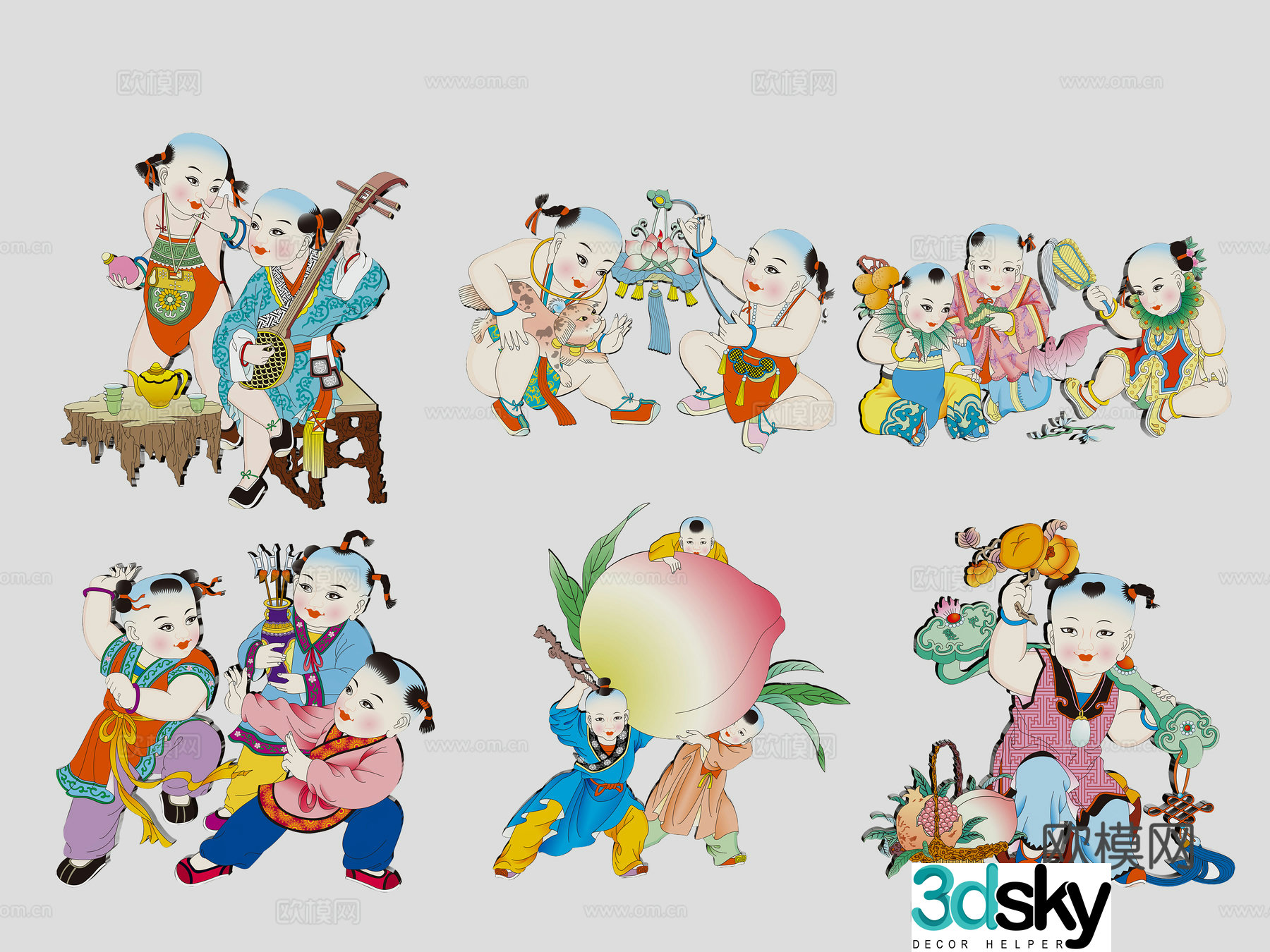 New Year painting auspicious and wealthy children boys tradition hand-painted wall decoration decoration elements symbols 3d model