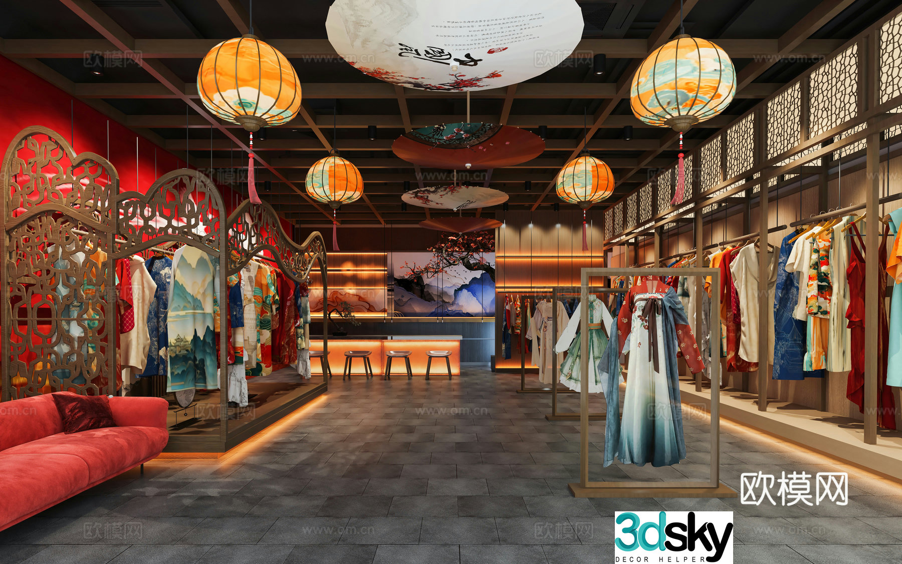 New Chinese-style Hanfu Pavilion Zen Hanfu Clothing Store National Trend Retro Clothing Store Song-style Aesthetic Hanfu Pavilion 3D Model