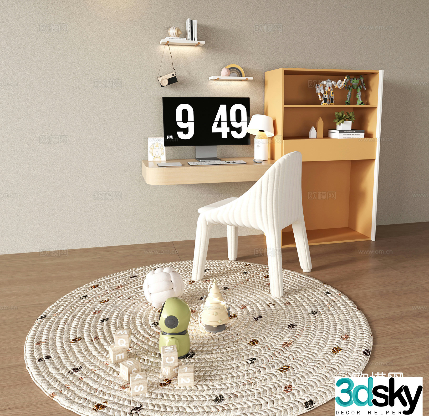 Modern children’s desk and chair combination bookcase decorative cabinet study table carpet decoration 3d model