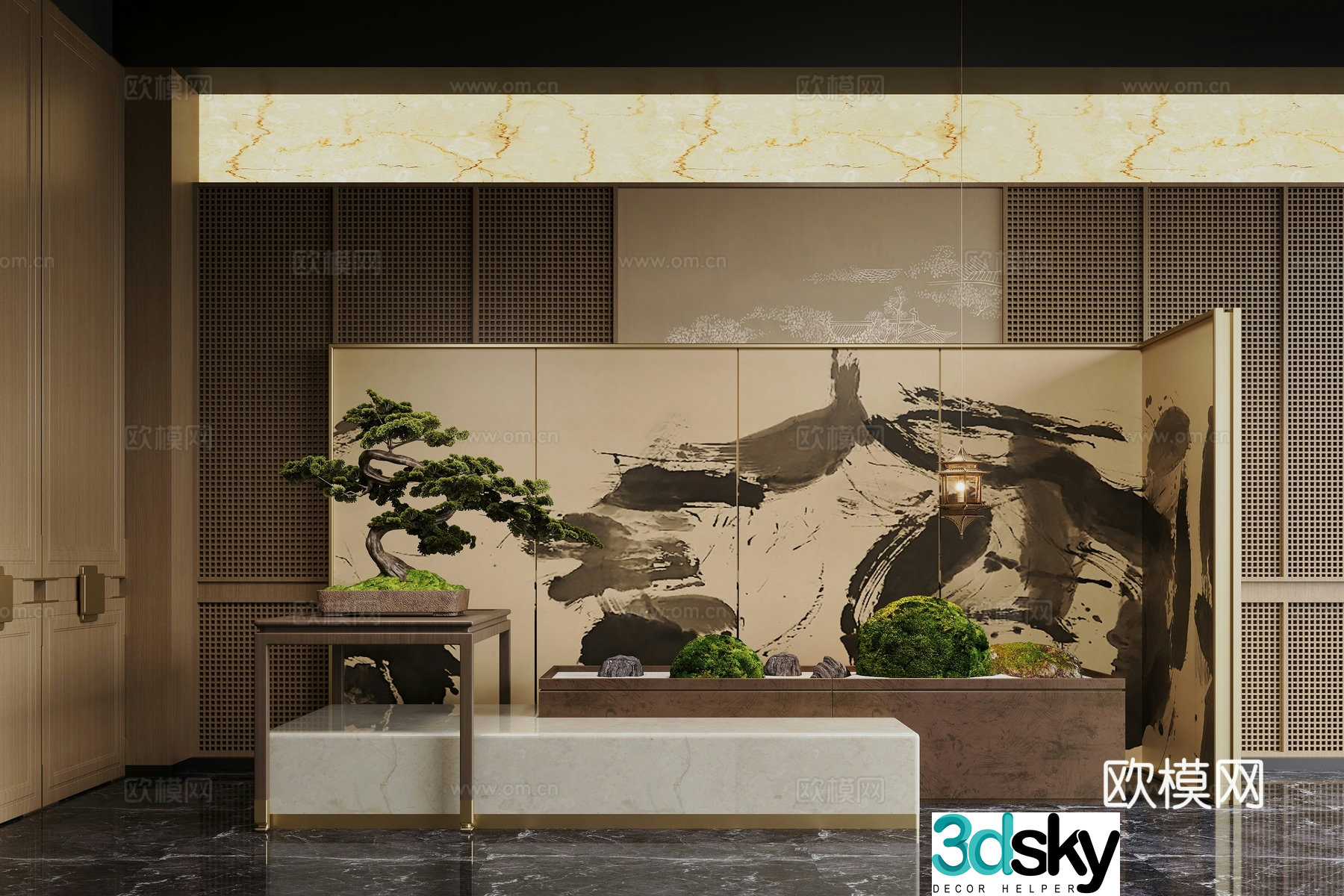 New Chinese style hall floral installation moss plant 3d model