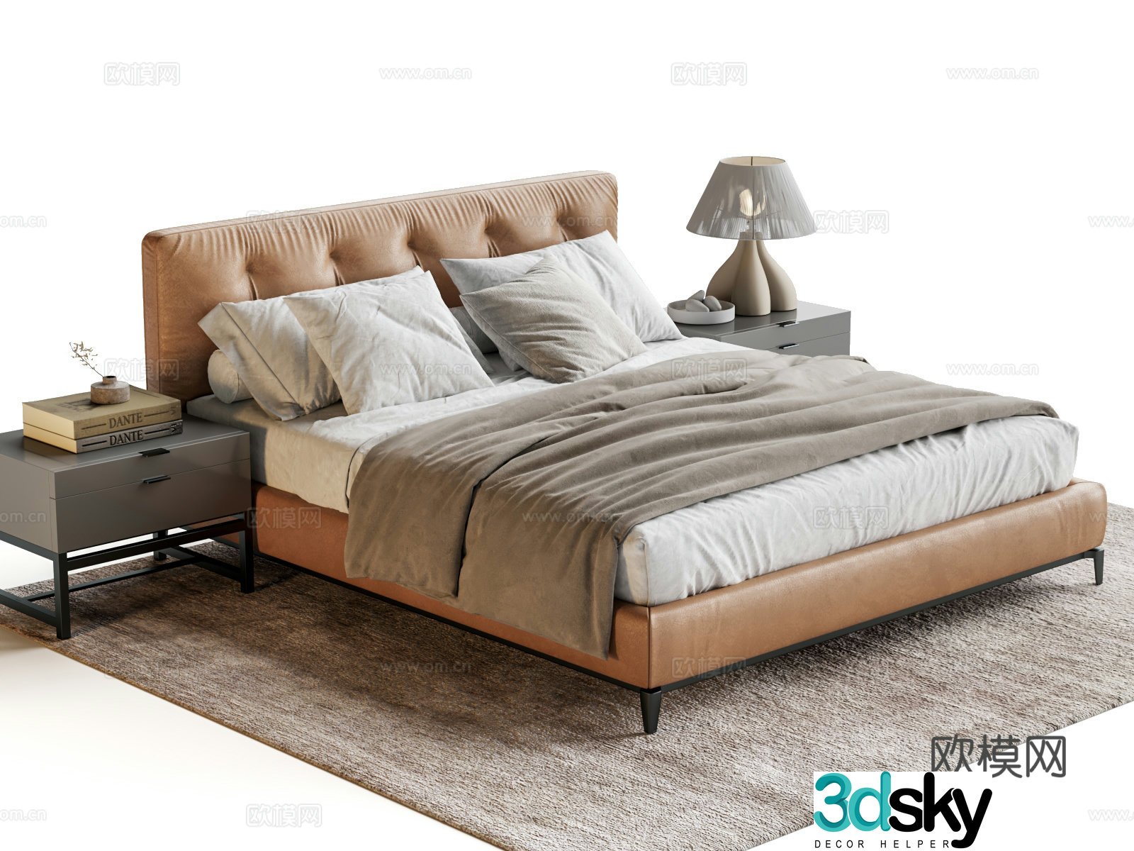 Minotti leather two -person bed shelf bed bedside cabinet master bed 3D model
