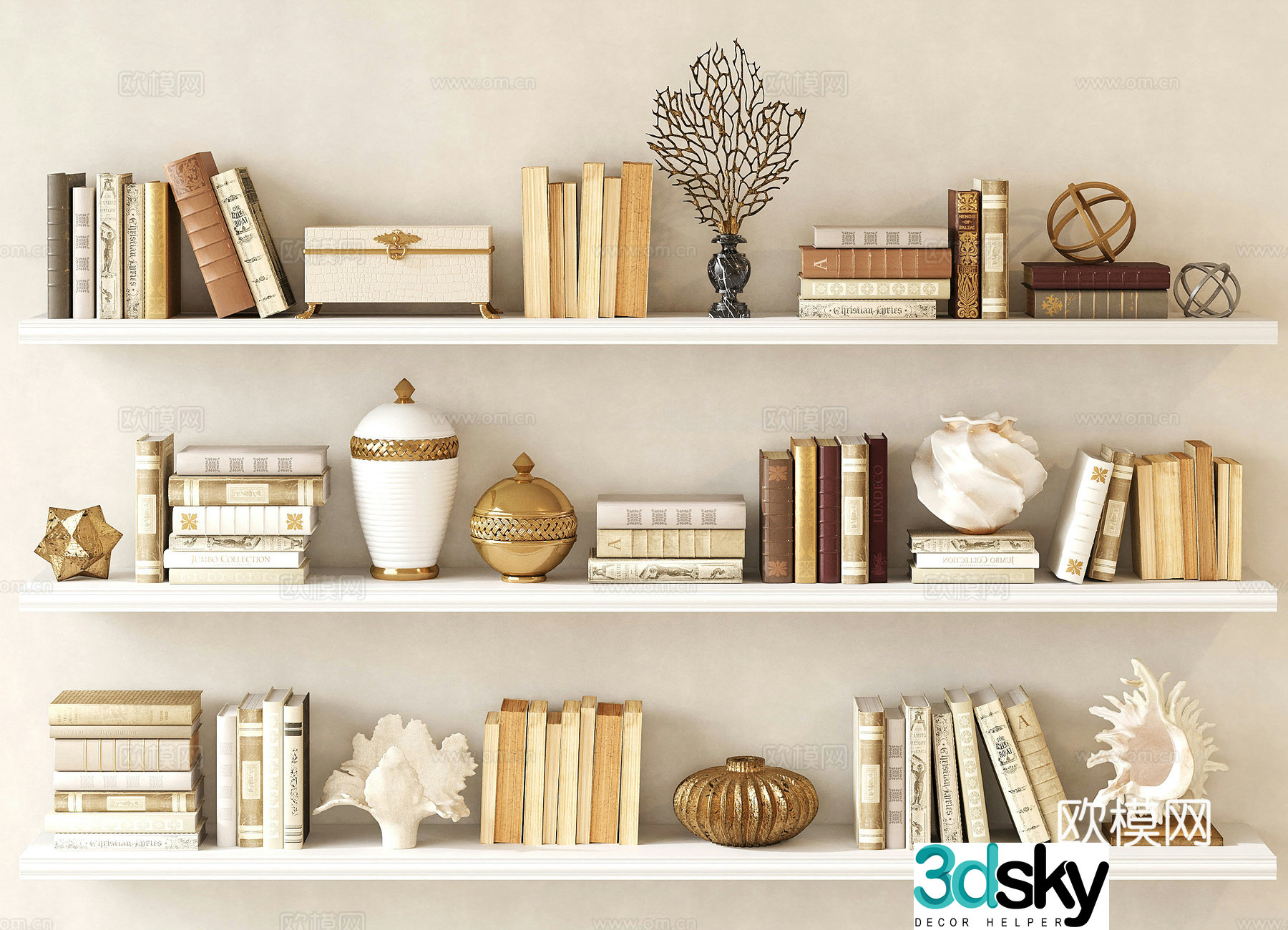 French retro old books Jewelry ornaments Old objects Golden sealed jar Coral 3d model