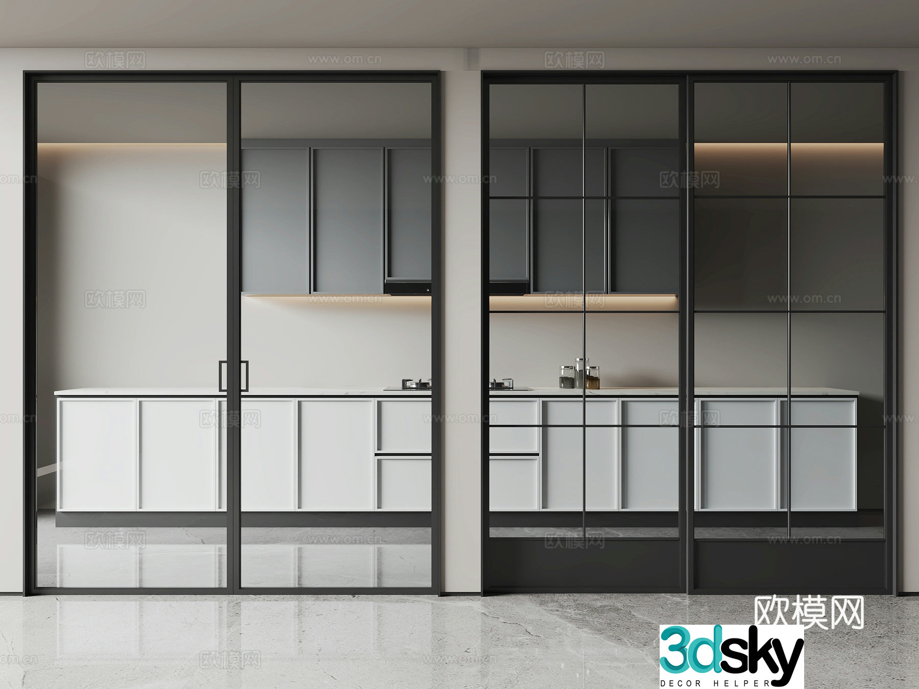 Modern kitchen door glass door wrought iron frame cabinet kitchen utensils 3d model