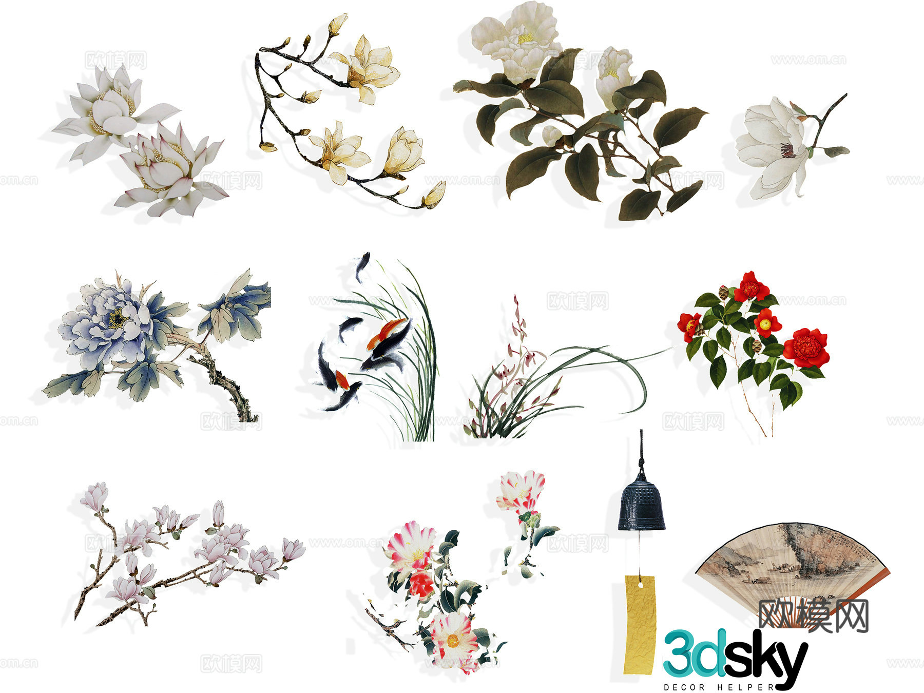 National tide carving flower silhouette wintersweet flowers peony national flower national style peach blossom cherry blossom pink 3d model