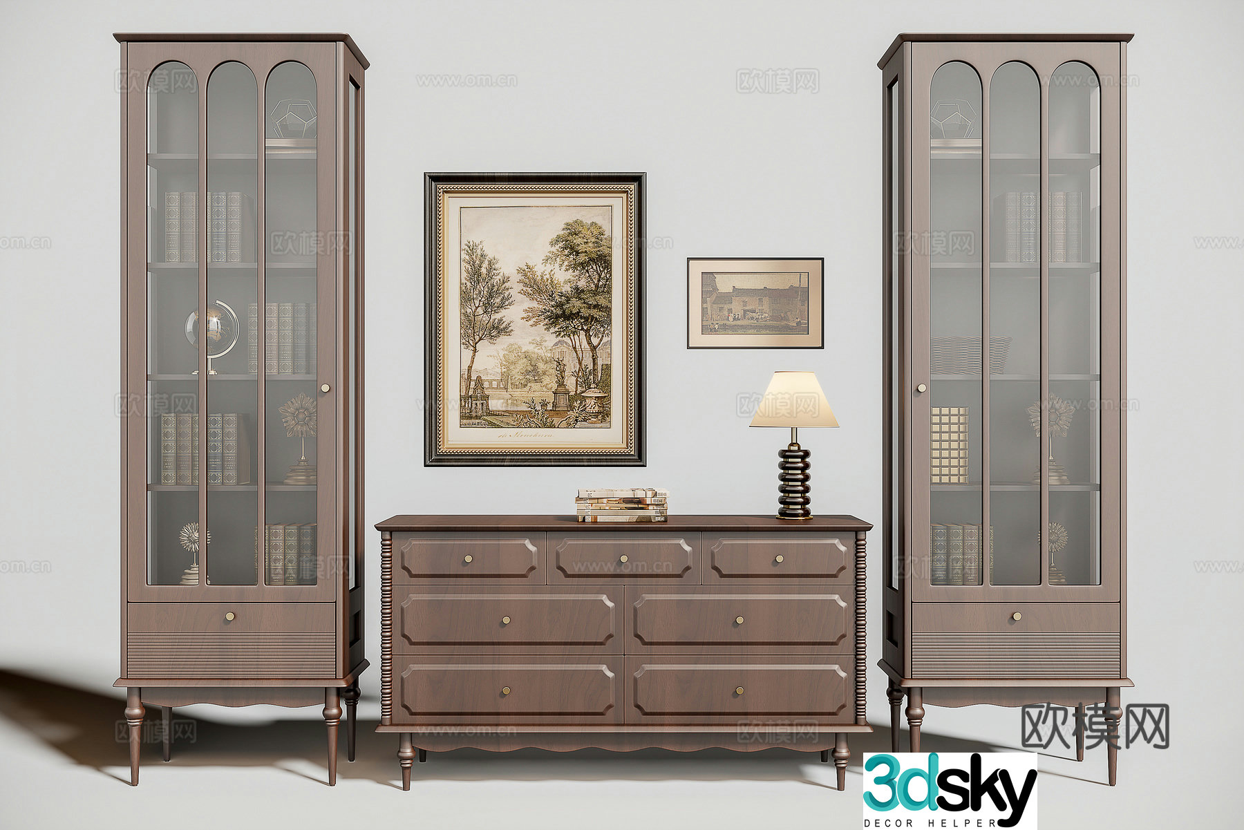 American finished solid wood bookcase chest of drawers 3D model