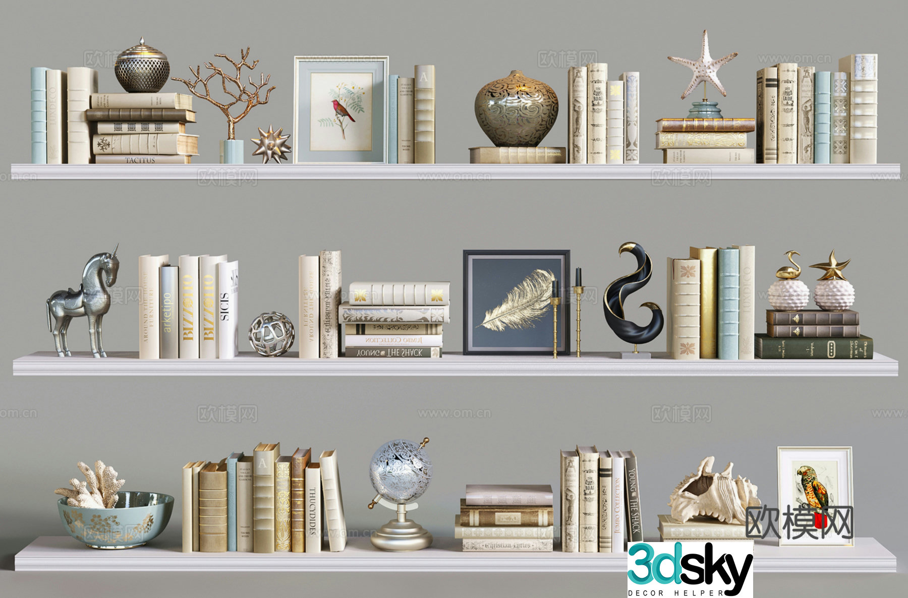 French retro books old ornaments globes sculptures decorative paintings 3D models
