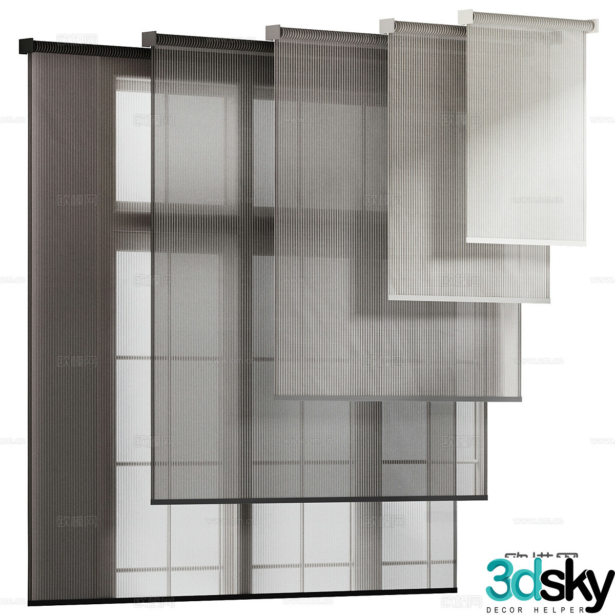 New Chinese style striped tulle roller blind 3D model