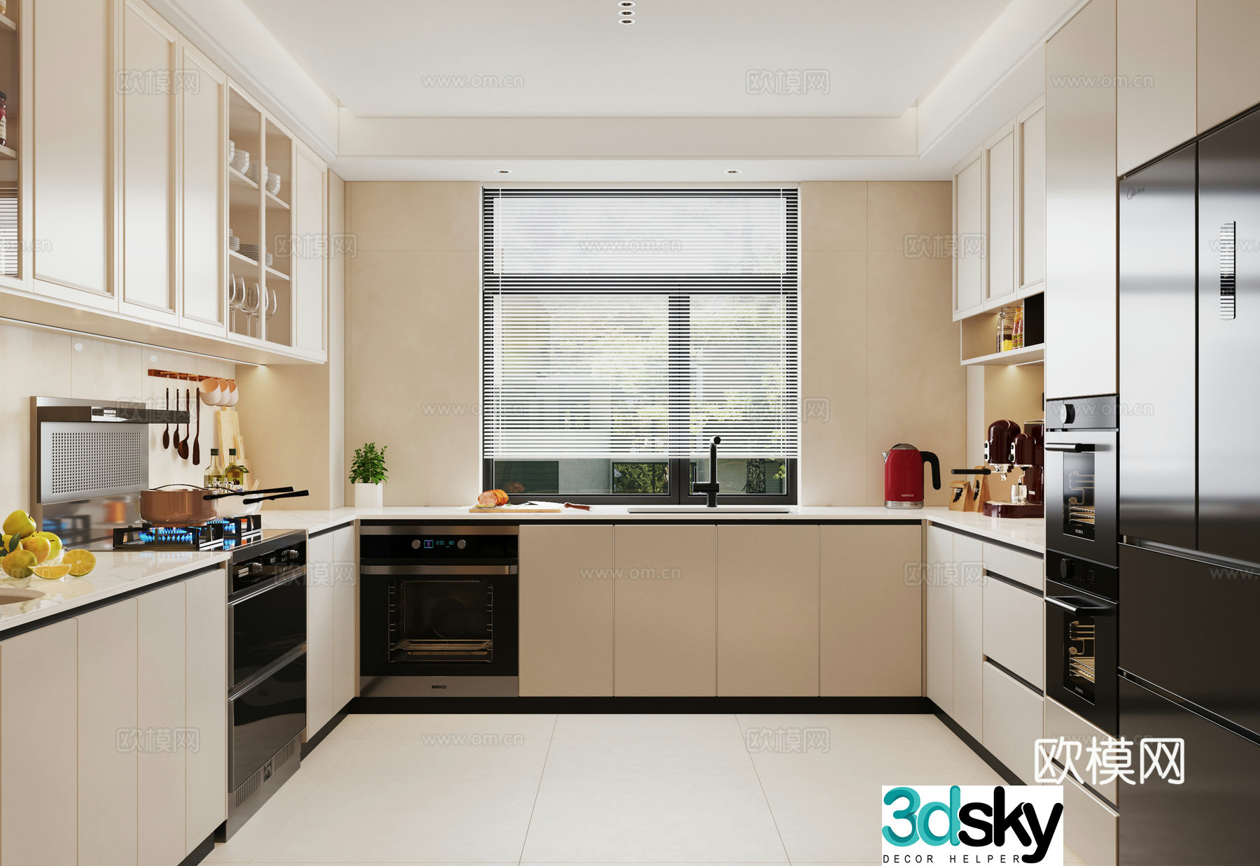 Modern creamy kitchen cabinet refrigerator cabinet kitchen appliances kitchen supplies 3d model