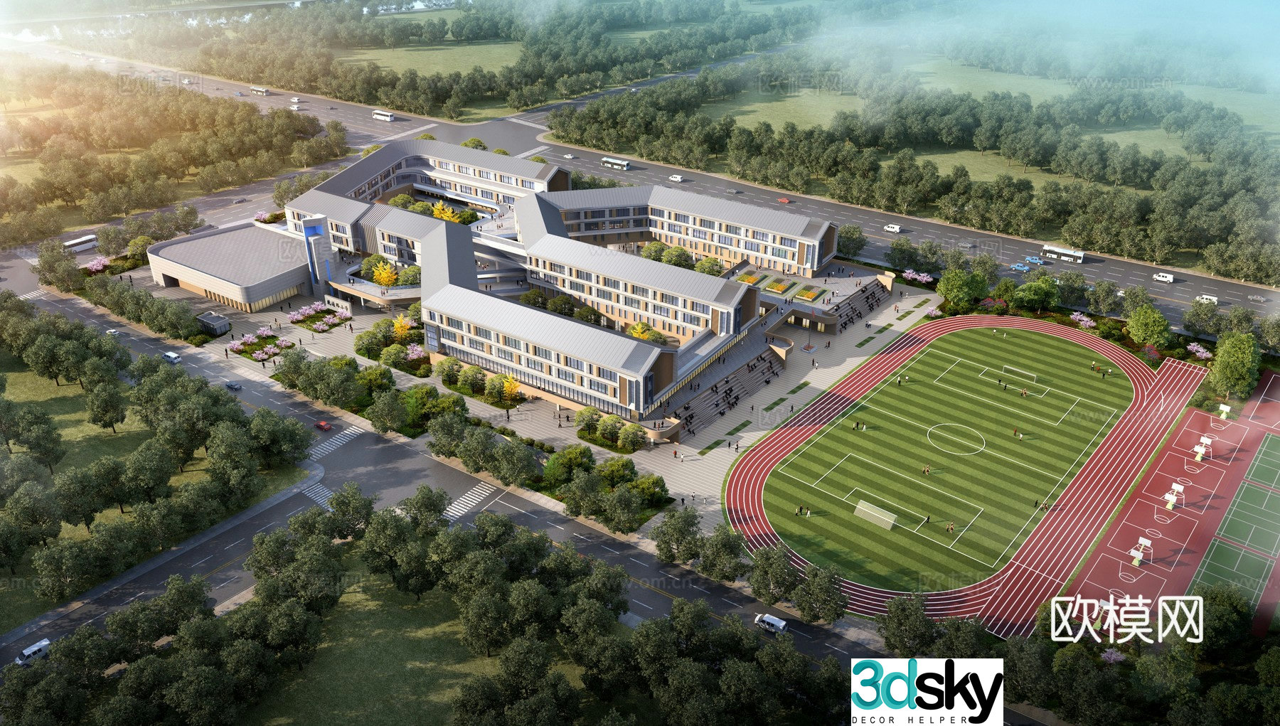 School aerial view 3d model