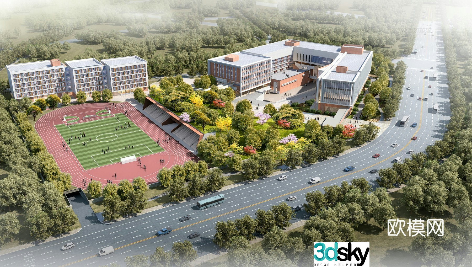 School aerial view 3d model