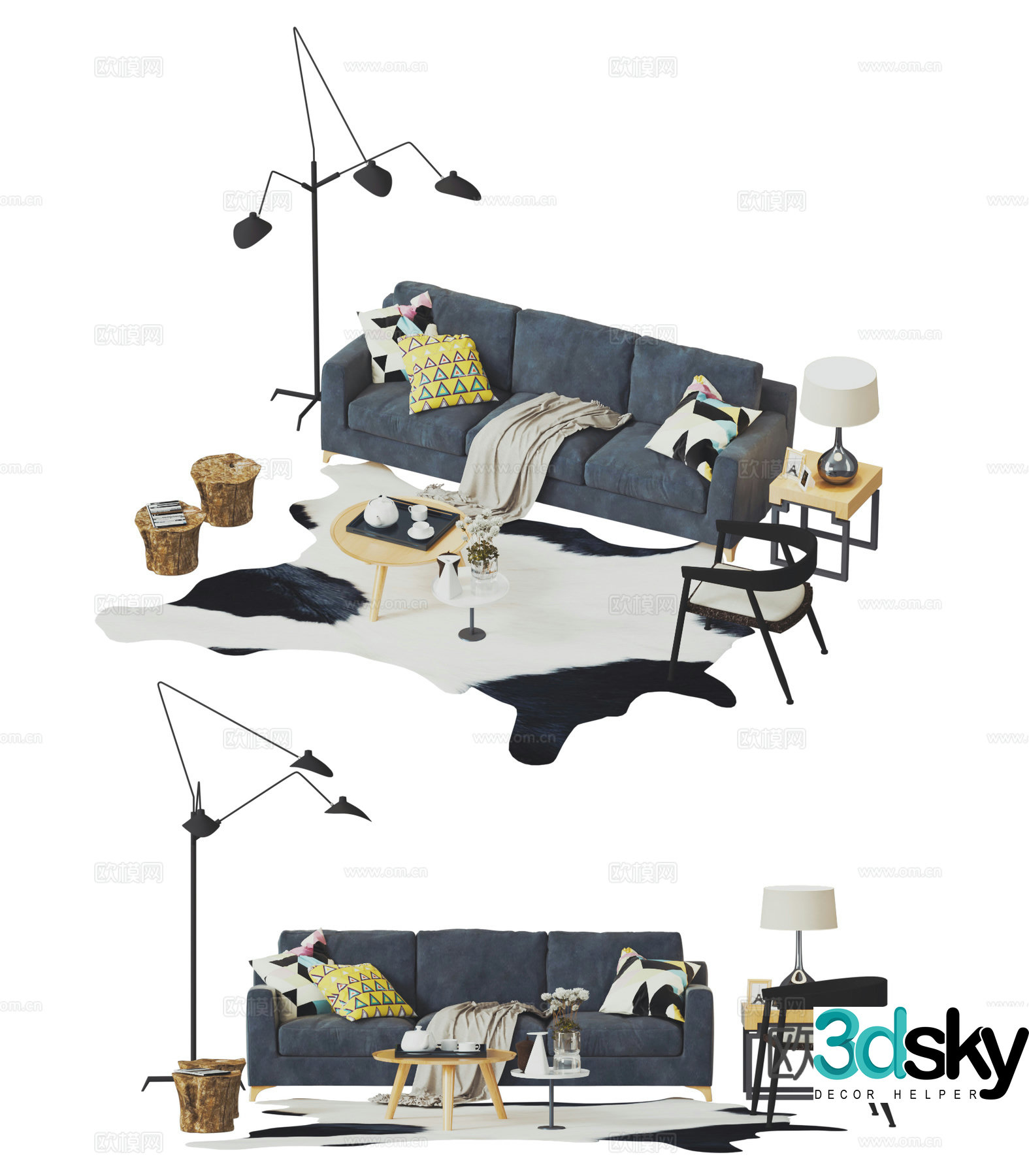 Industrial style sofa combination multi-person sofa wooden pile stool multi-head floor lamp wrought-iron leisure chair 3D model