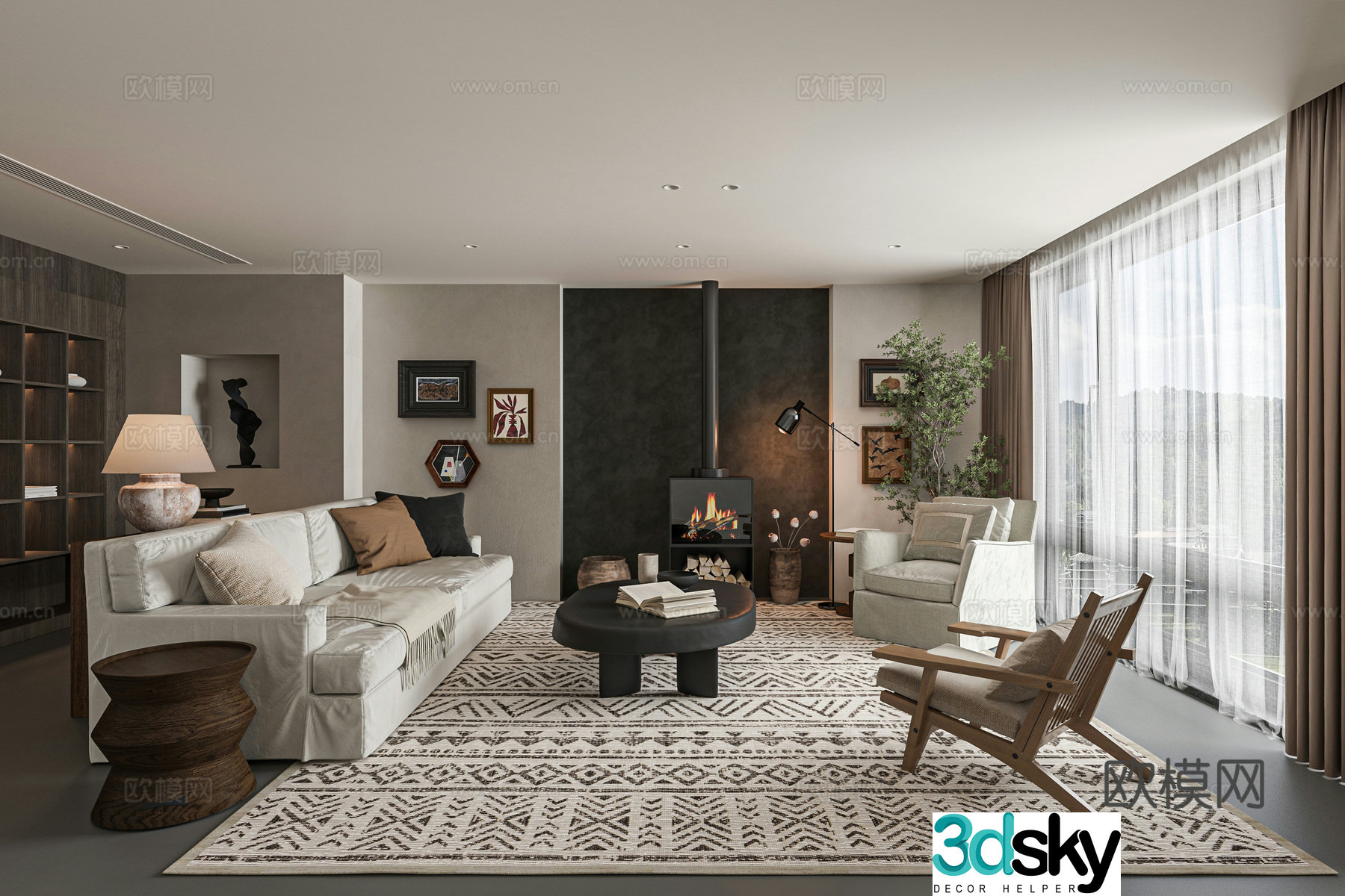 Wasabi Mixed Living Room Fabric Sofa Rattan Chair Living Room Without Lights Real Fireplace 3D Model