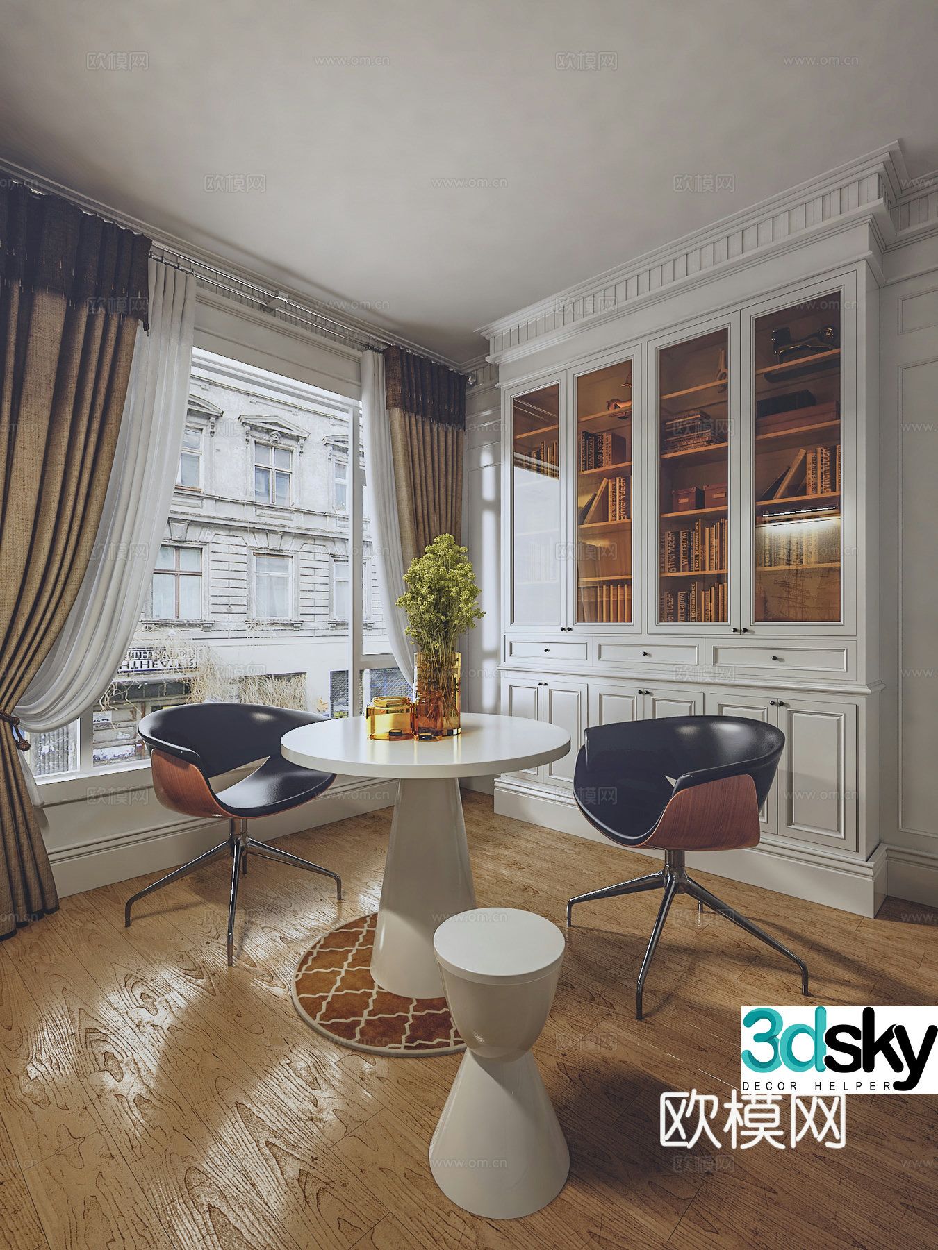 French study table and chair French bookcase American study leisure table and chair Simple small round table leather rest 3D model