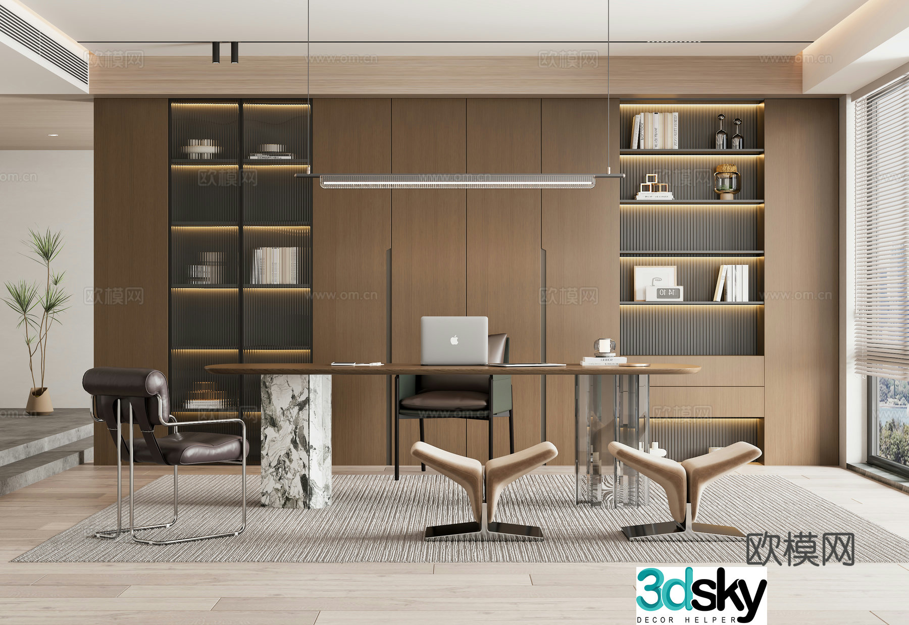Modern Italian study bookcase desk and chair combination chandelier lazy sofa 3D model