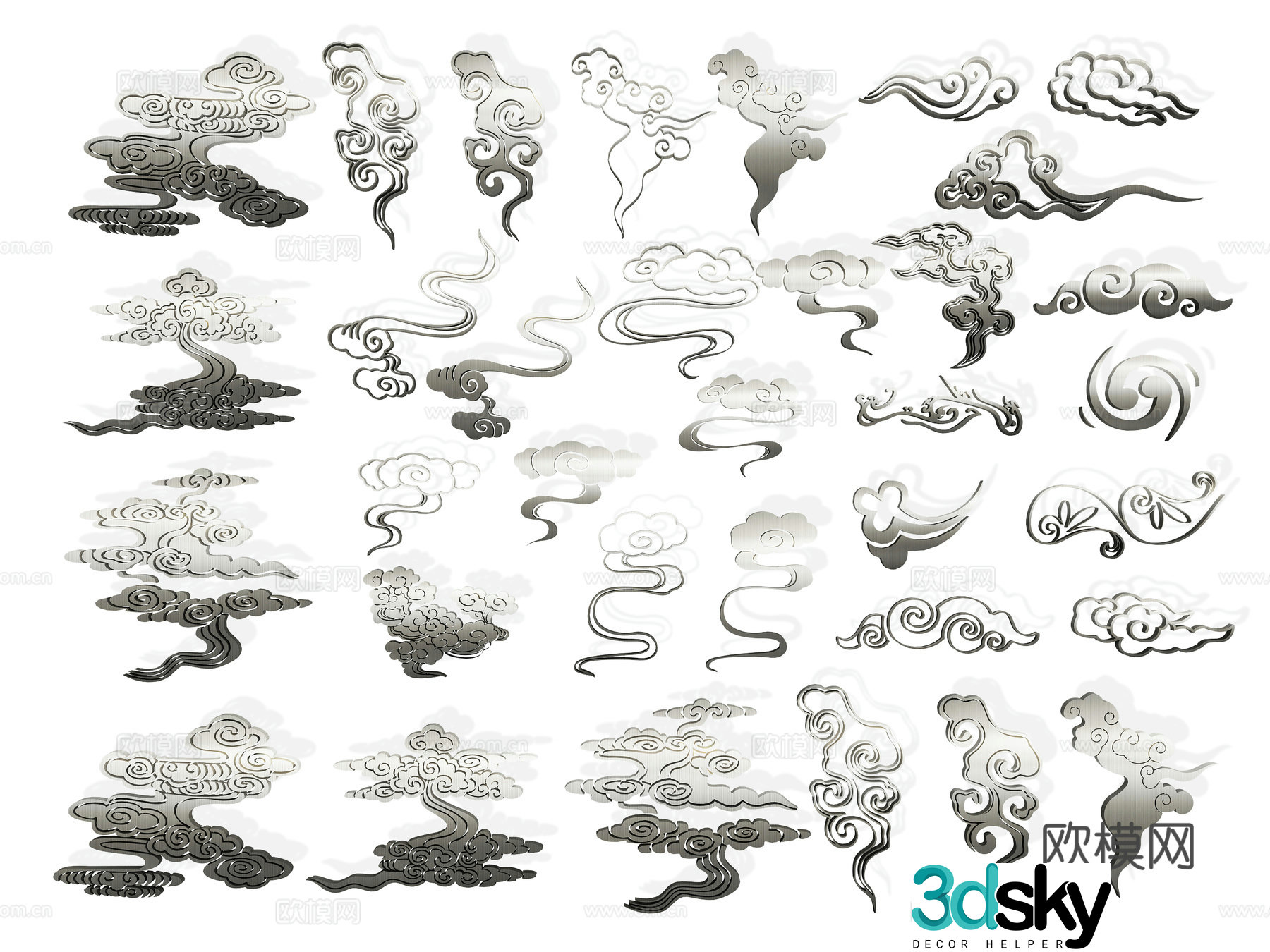 New Chinese style auspicious cloud wall decoration cloud pattern classical tradition auspiciousness gold-edged auspicious cloud pattern elements silhouette 3d model
