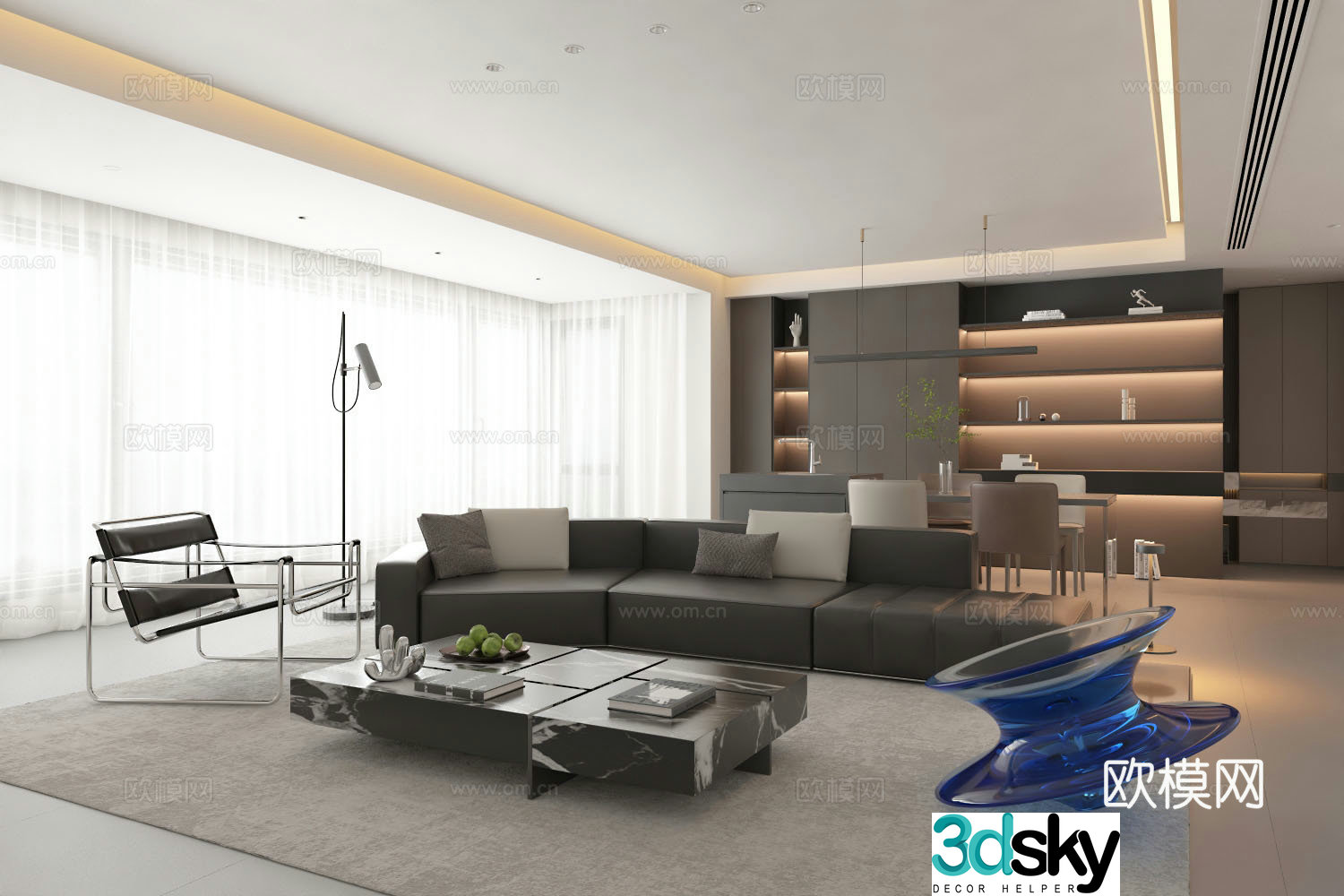Modern style living and dining room 3d model
