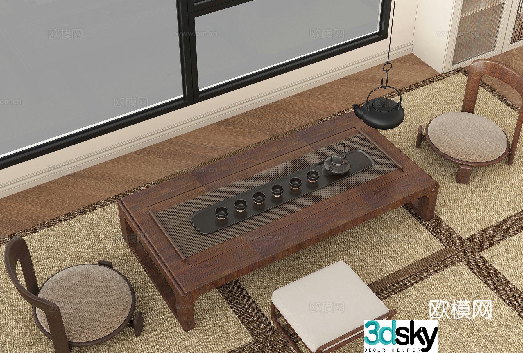 New Chinese-style tea table and chairs Tea table Tea table Long table Solid wood table and chair combination 3D model