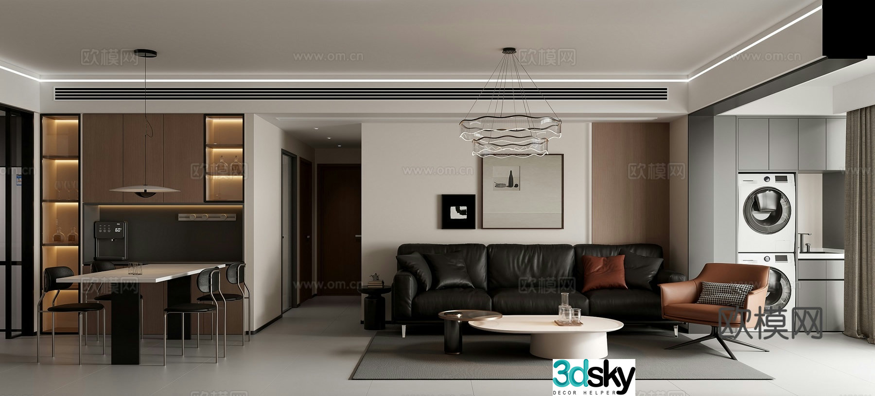 Modern living and dining room 3d model