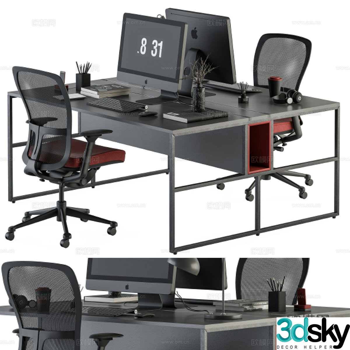 Office desk and chair computer work station computer swivel chair office computer monitor 3d model