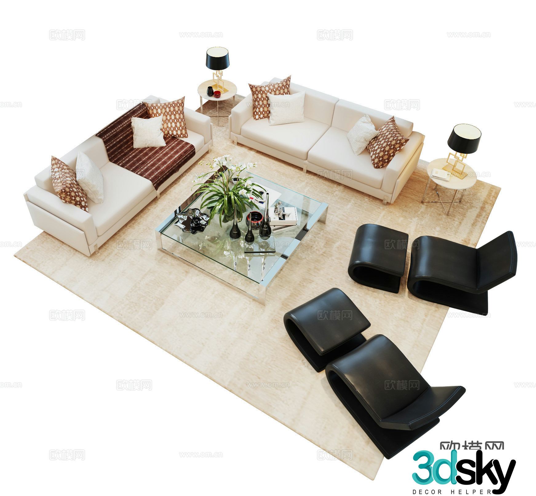 Modern light luxury villa sofa multi-person sofa square glass coffee table leather lounge chair simple sofa 3D model