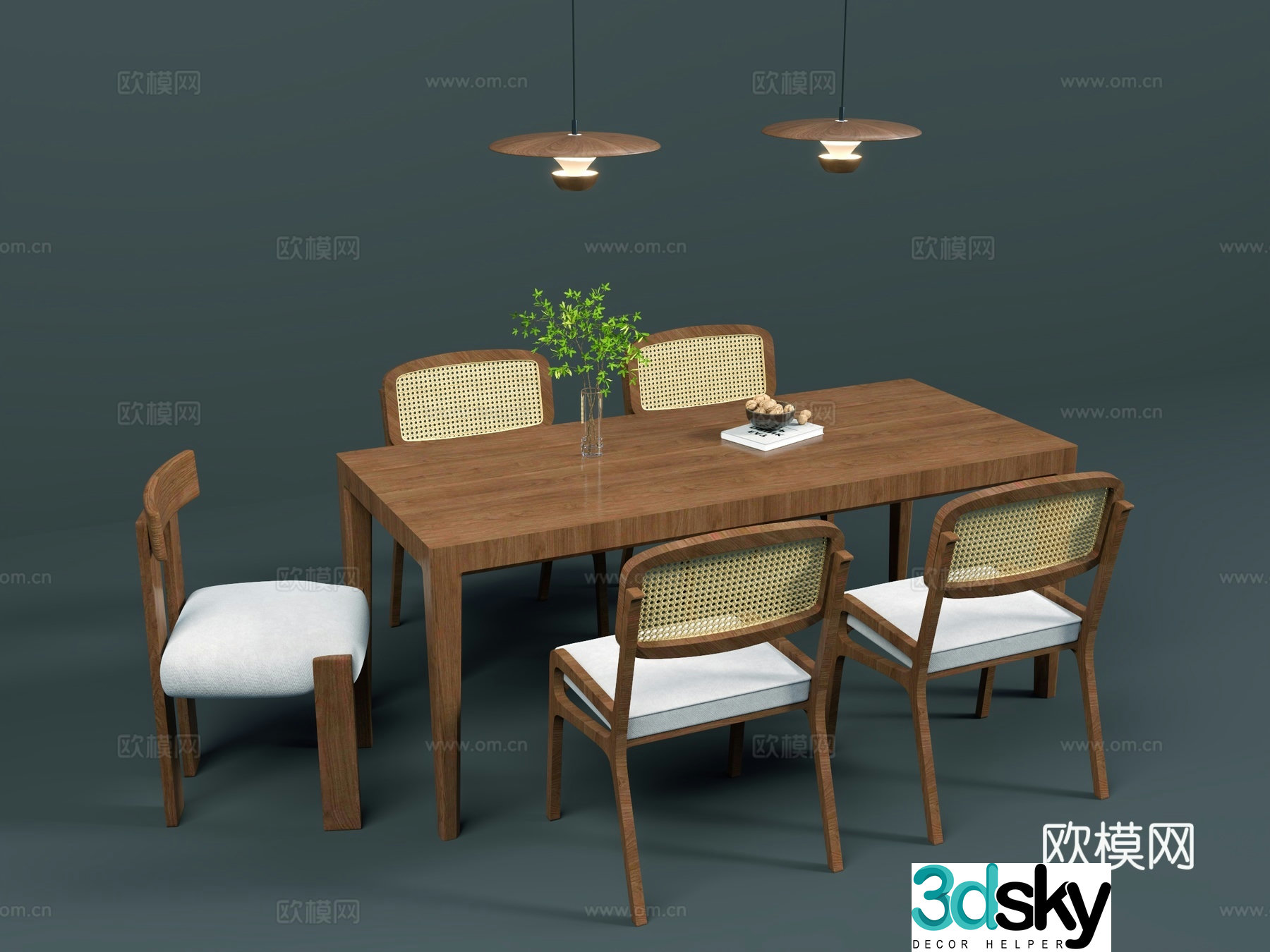 Medium style dining table and chair cream style solid wood dining table and chair combination long table combination 3D model