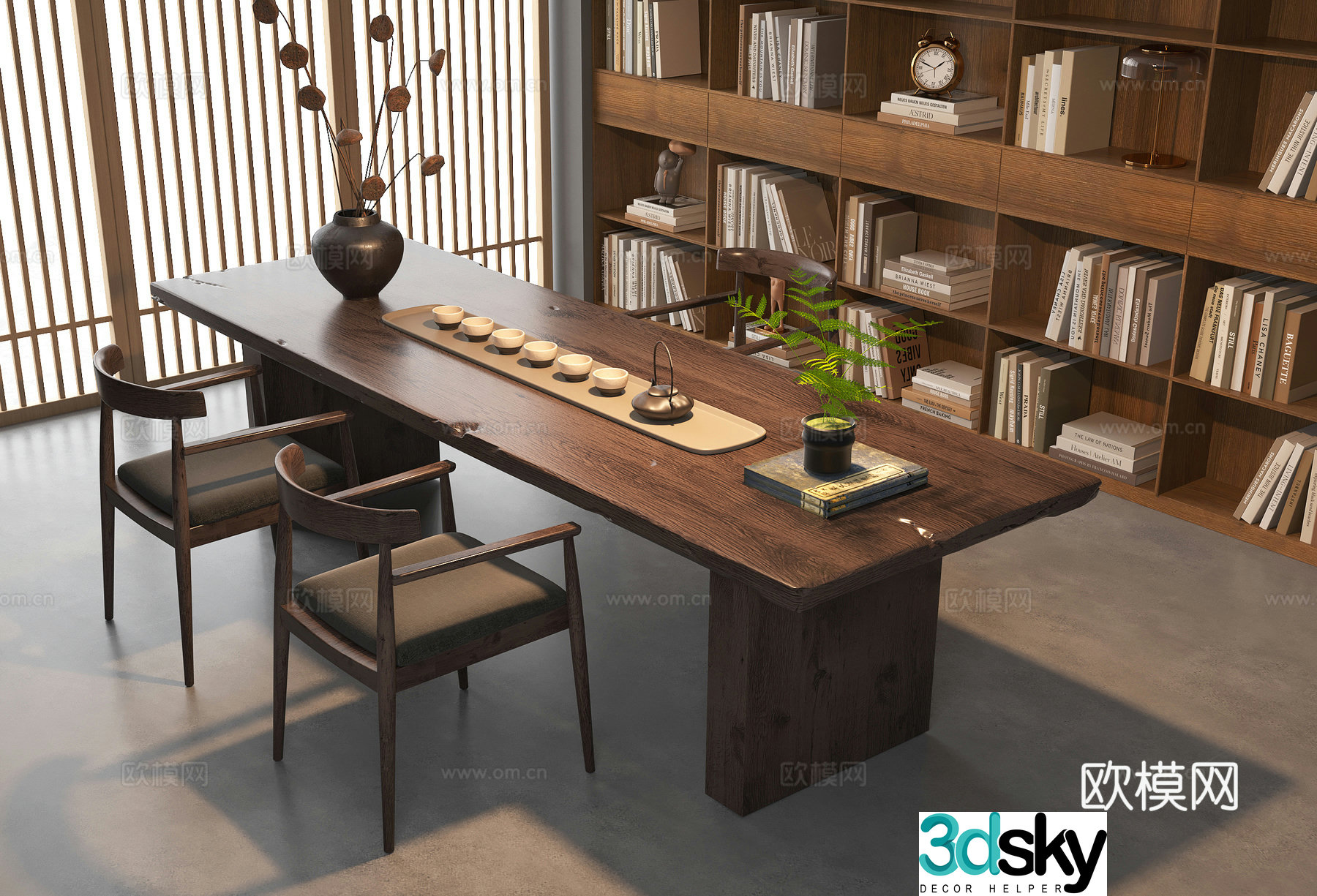 New Chinese-style tea room tea table tea tray tea brewing table bookcase solid wood tea table and chair combination 3D model