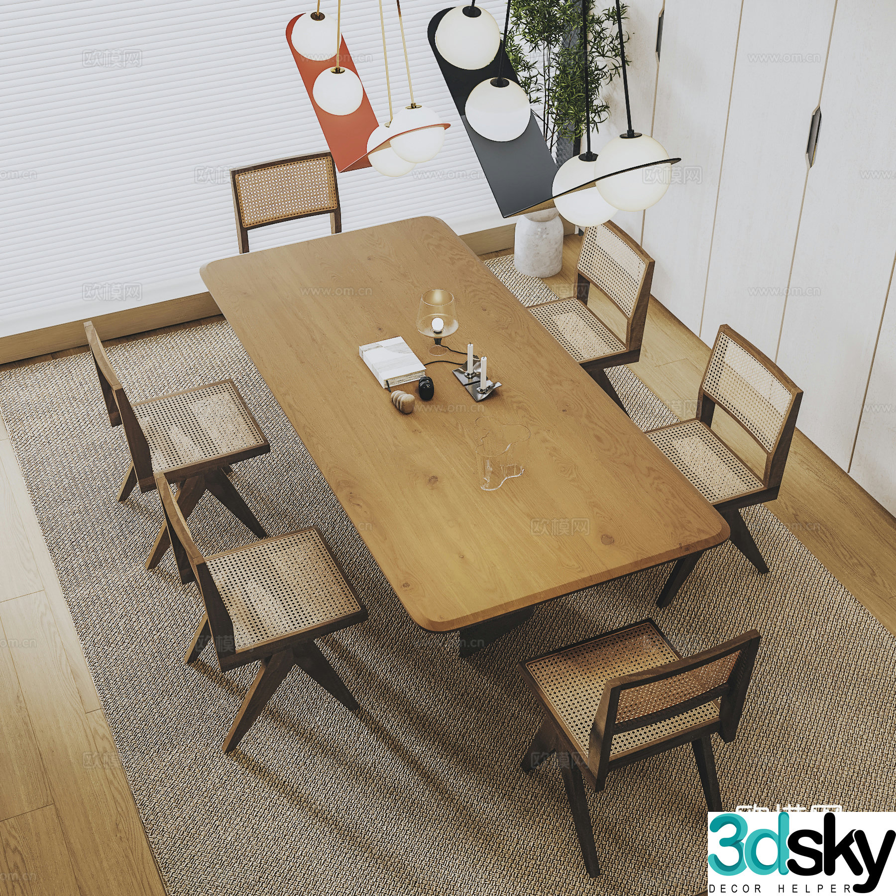 Modern medieval dining table and chairs Solid wood dining table and chairs Rattan dining chair Art chandeliers Dining chair 3D model