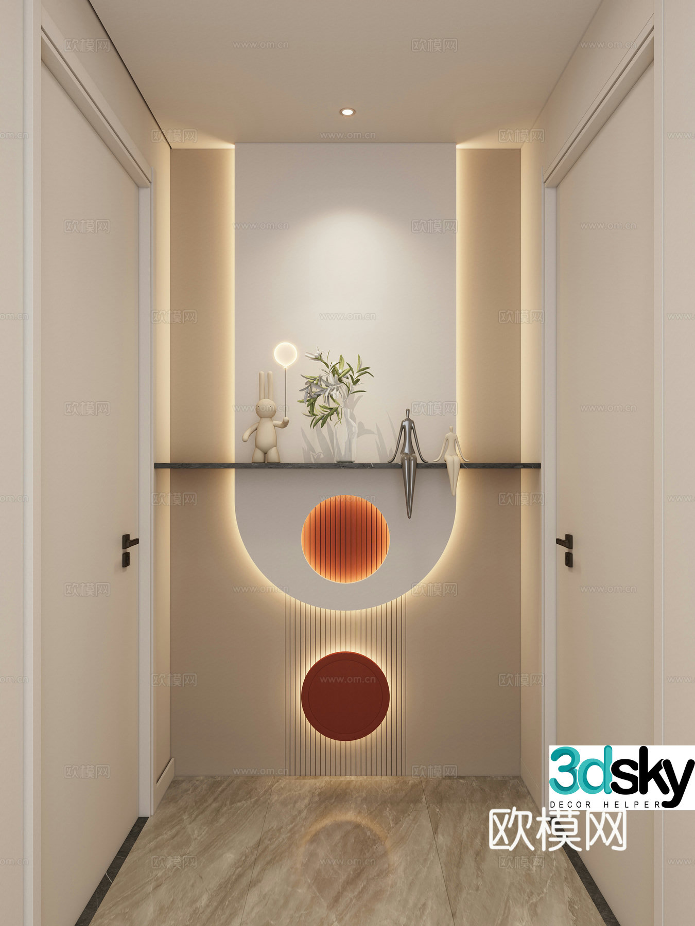 Cream Simple Style Arc Lighting Grille Corridor End View Entrance Entrance 3D Model