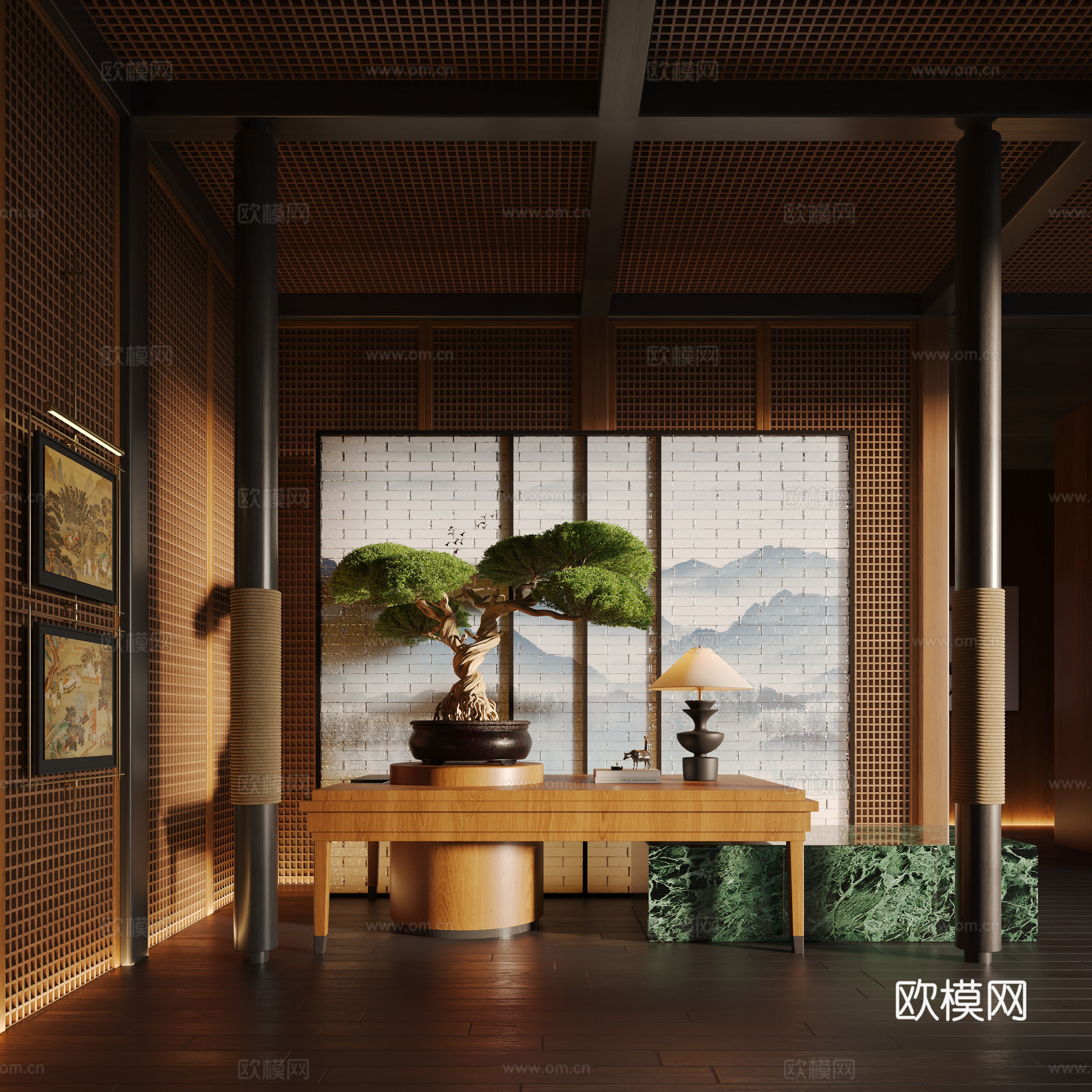 New Chinese Hotel Hall Flower Art Device Bonsai Wind Line 3D Model