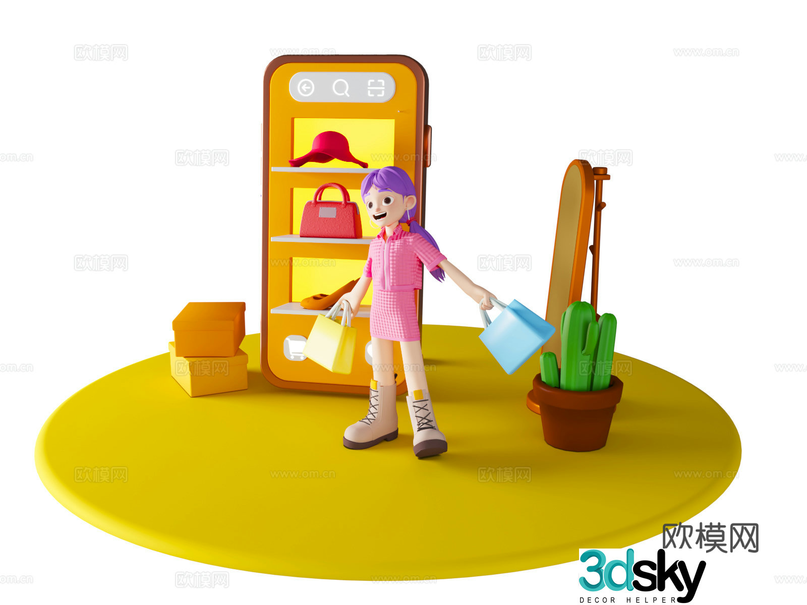 Online shopping clothing scene cartoon shopping cute clothing scene online shopping 3d model