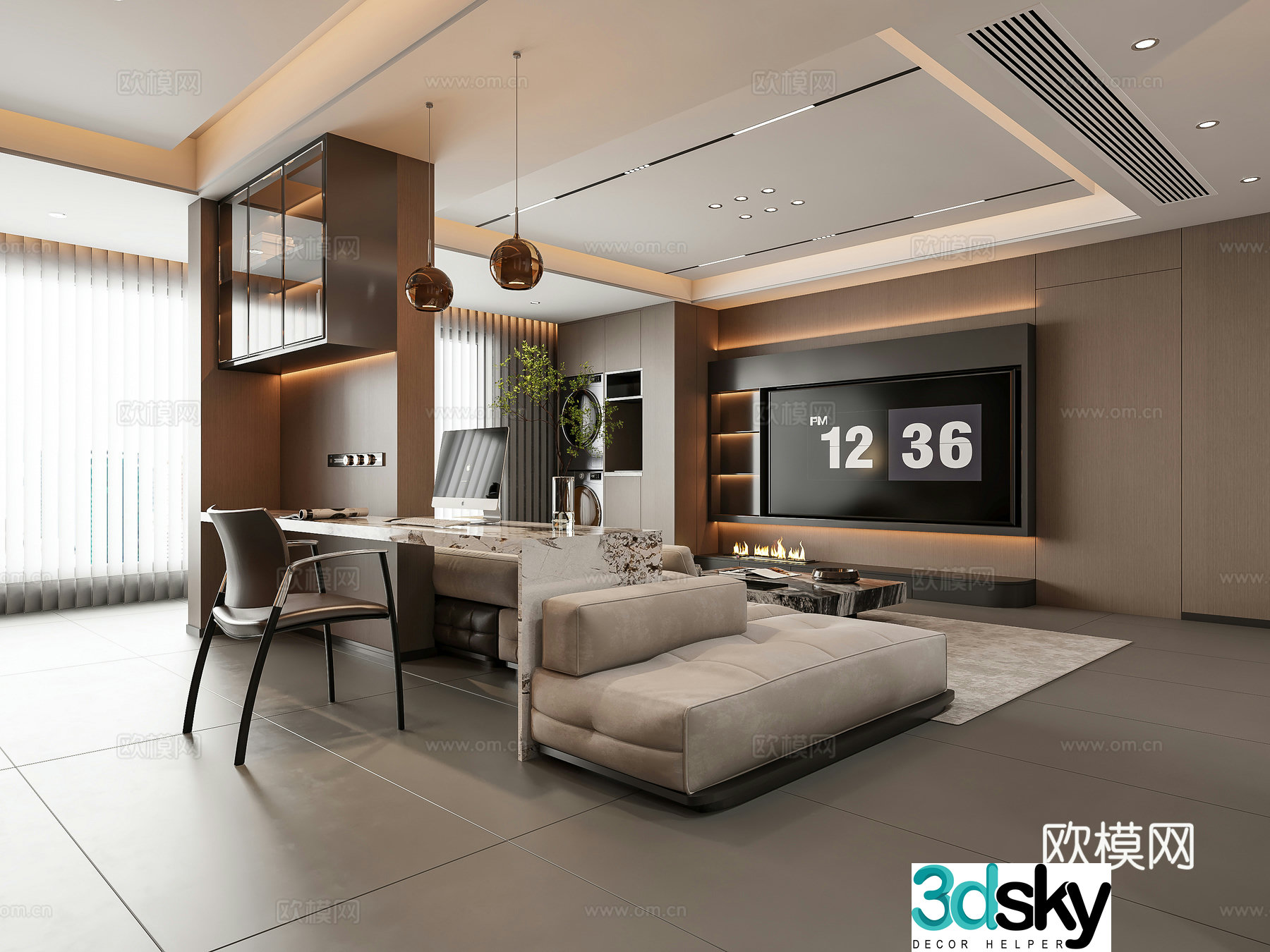Modern light luxury living and dining room 3D model