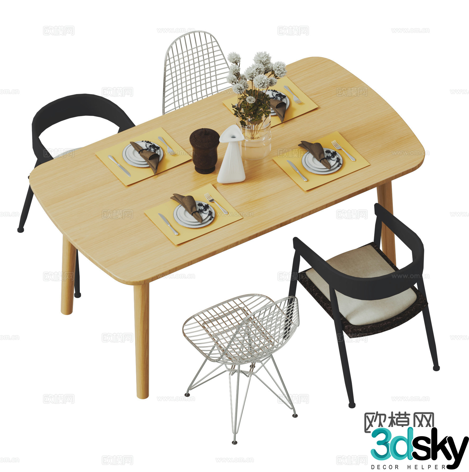 Industrial style dining table and chairs Simple dining table and chairs Wrought-shaped leisure chairs Rectangular log dining table Tableware 3D model