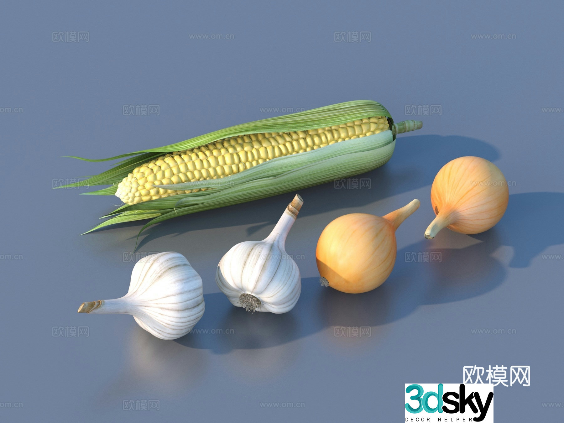 corn garlic onion vegetables 3d model