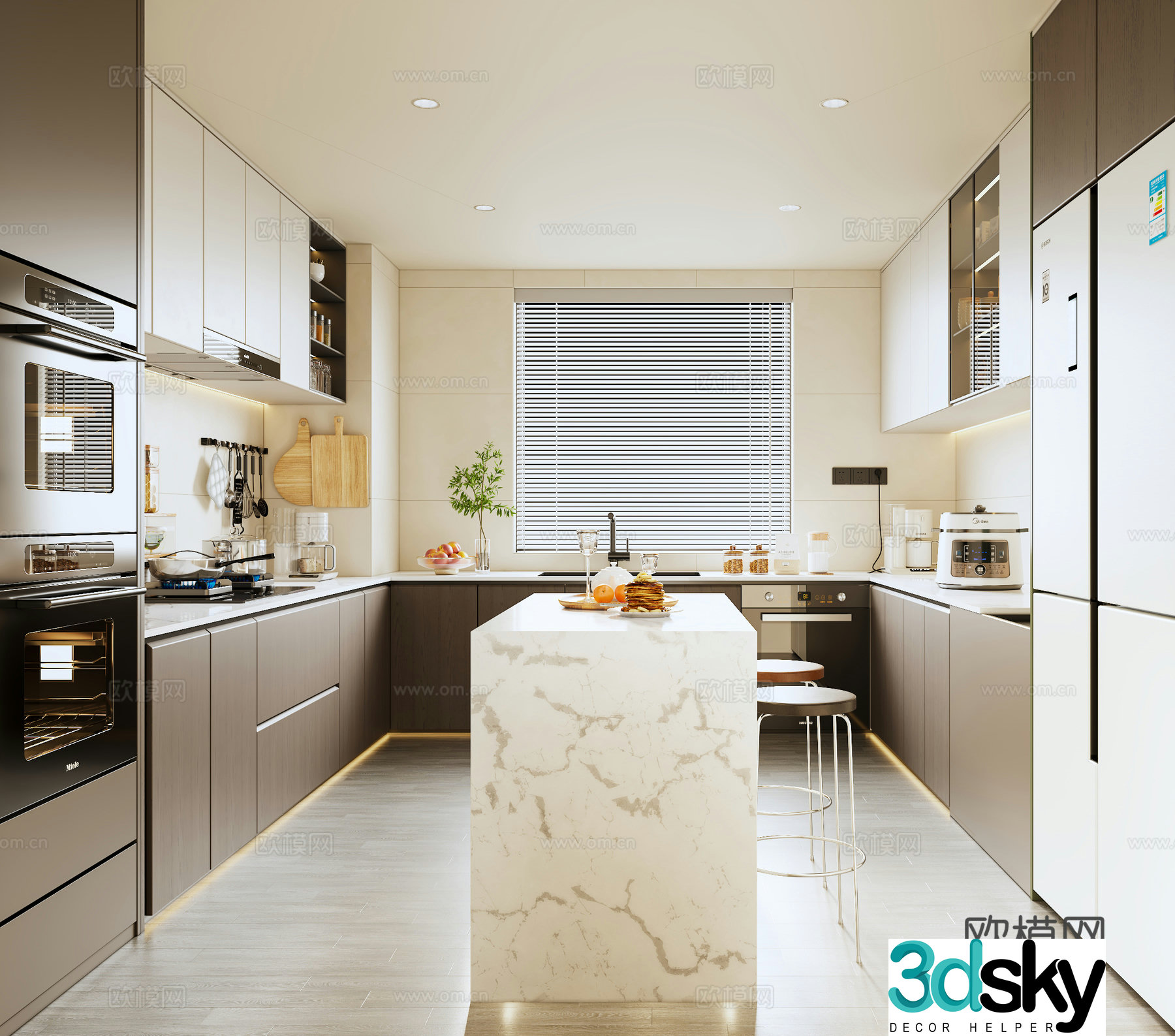 Modern Italian kitchen refrigerator cabinet island cabinet kitchen appliance 3d model