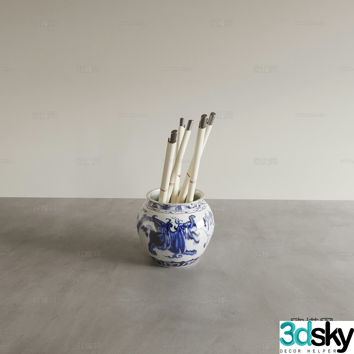 Chinese utensils ceramics paintings blue and white porcelain study ornaments 3D model