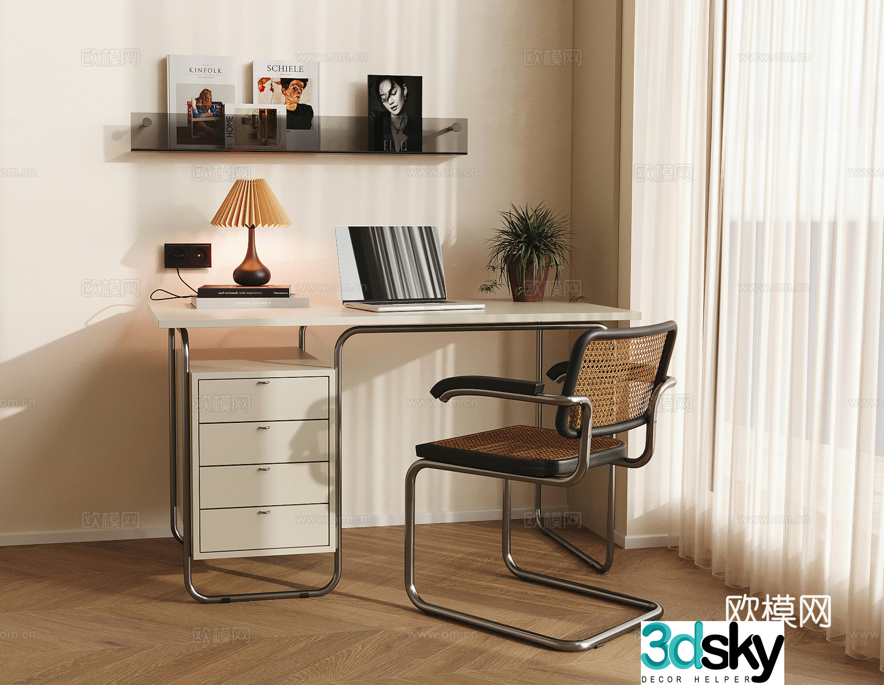 Modern cream style desk and chair combination adult desk lamp ornament combination bookshelf 3D model