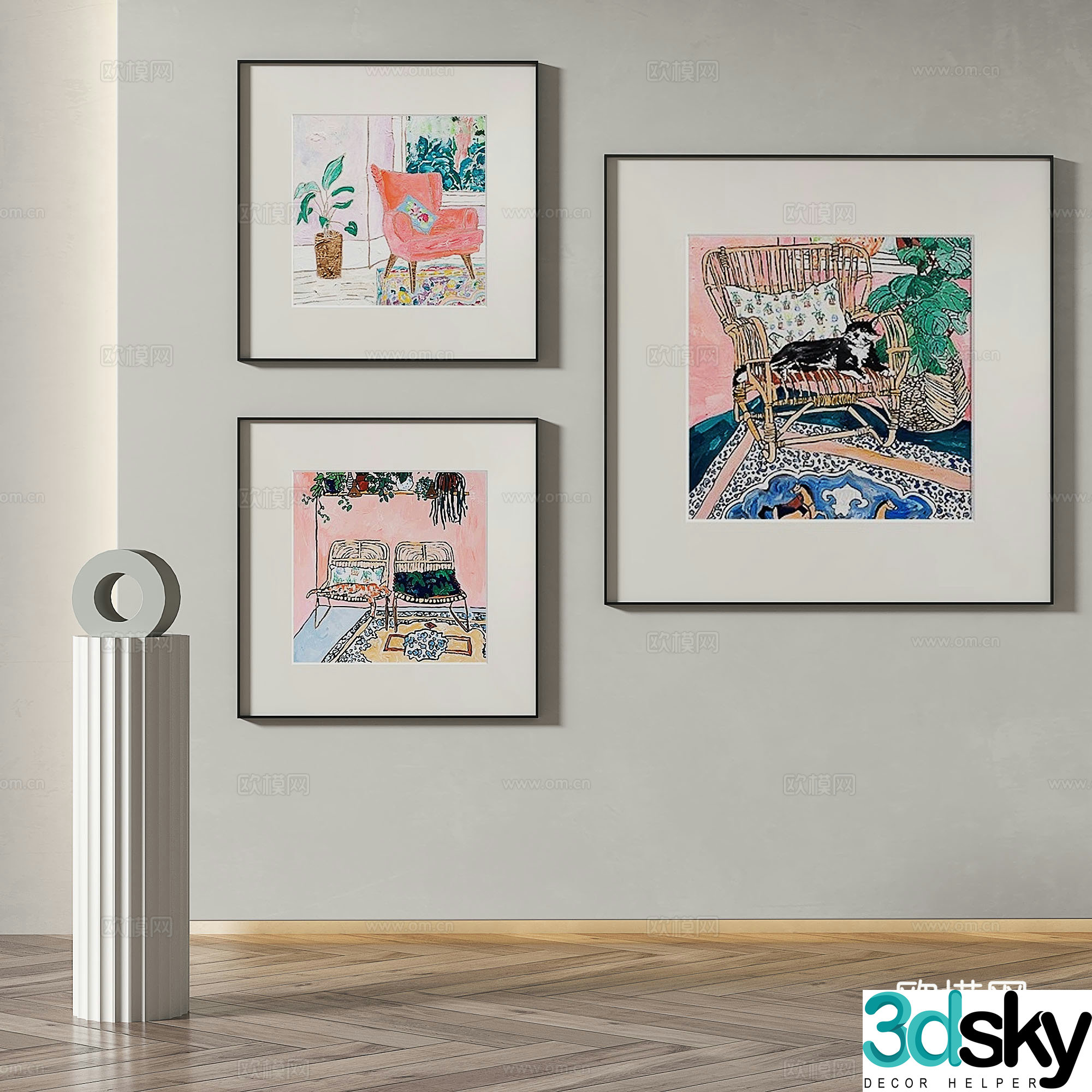 Modern simple abstract retro oil painting decorative painting 3d model