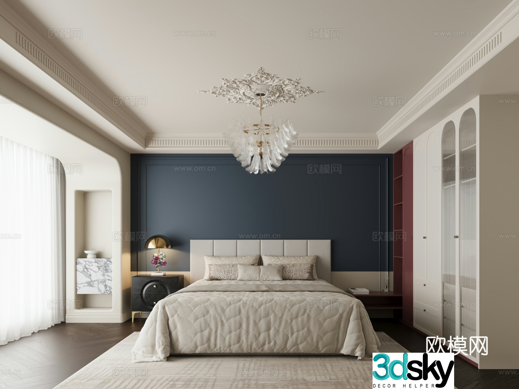 Modern light French bedroom French cream style ancient bedside table crystal chandeliers plaster lamp 3d model