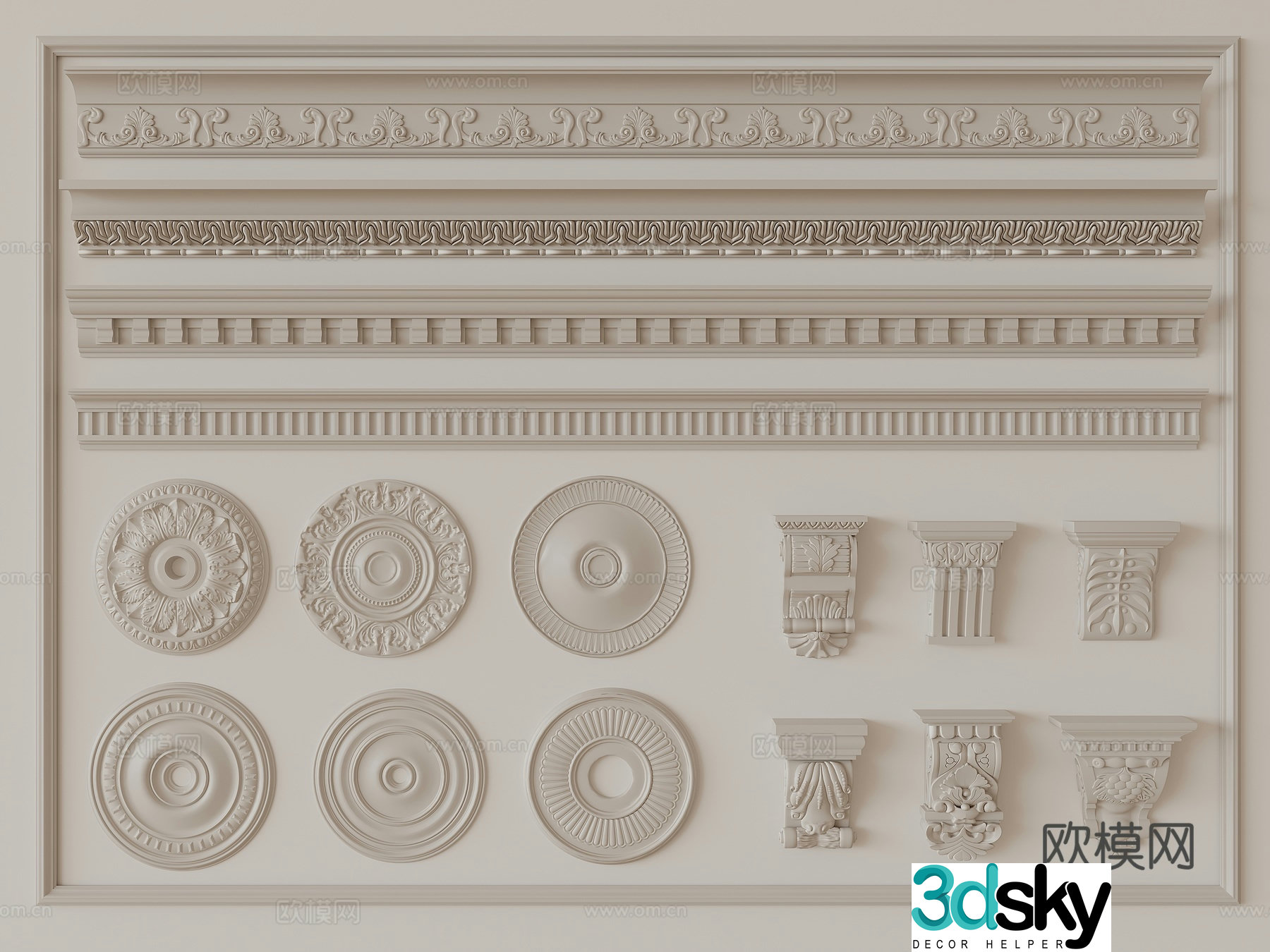 Simple European carving gypsum line 3D model of gypsum components