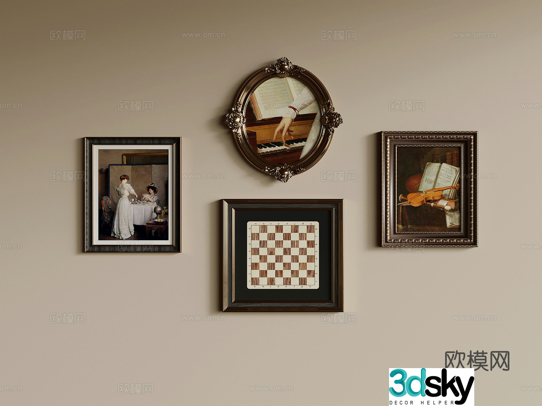 French retro style decorative painting hanging painting combination 3D model