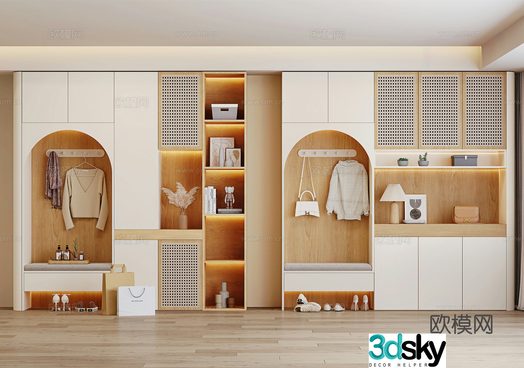 Modern log style shoe cabinet door-to-door shoe cabinet shoe changing stool shoes bags clothes hangers 3D model
