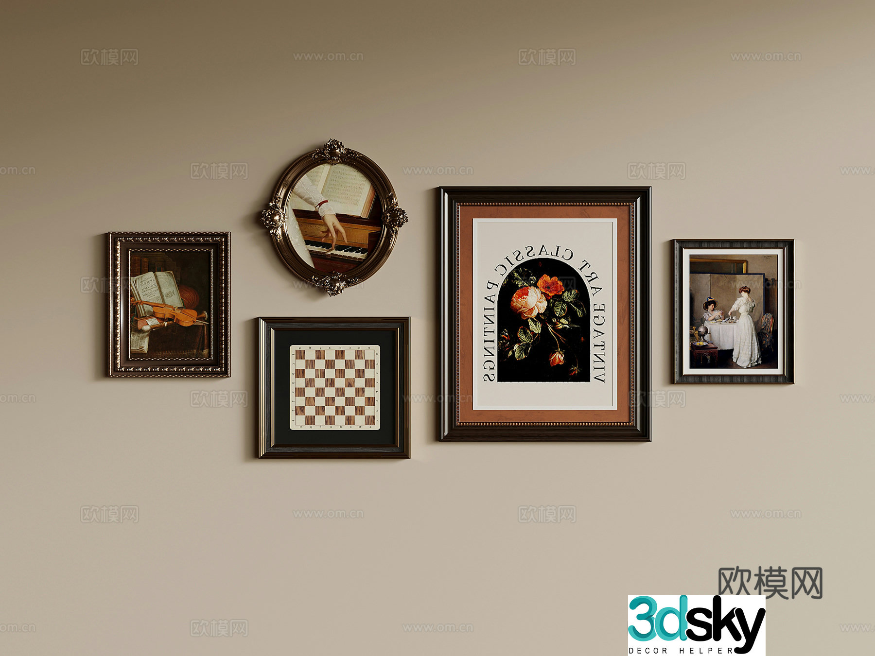 French retro style decorative painting hanging painting combination 3D model
