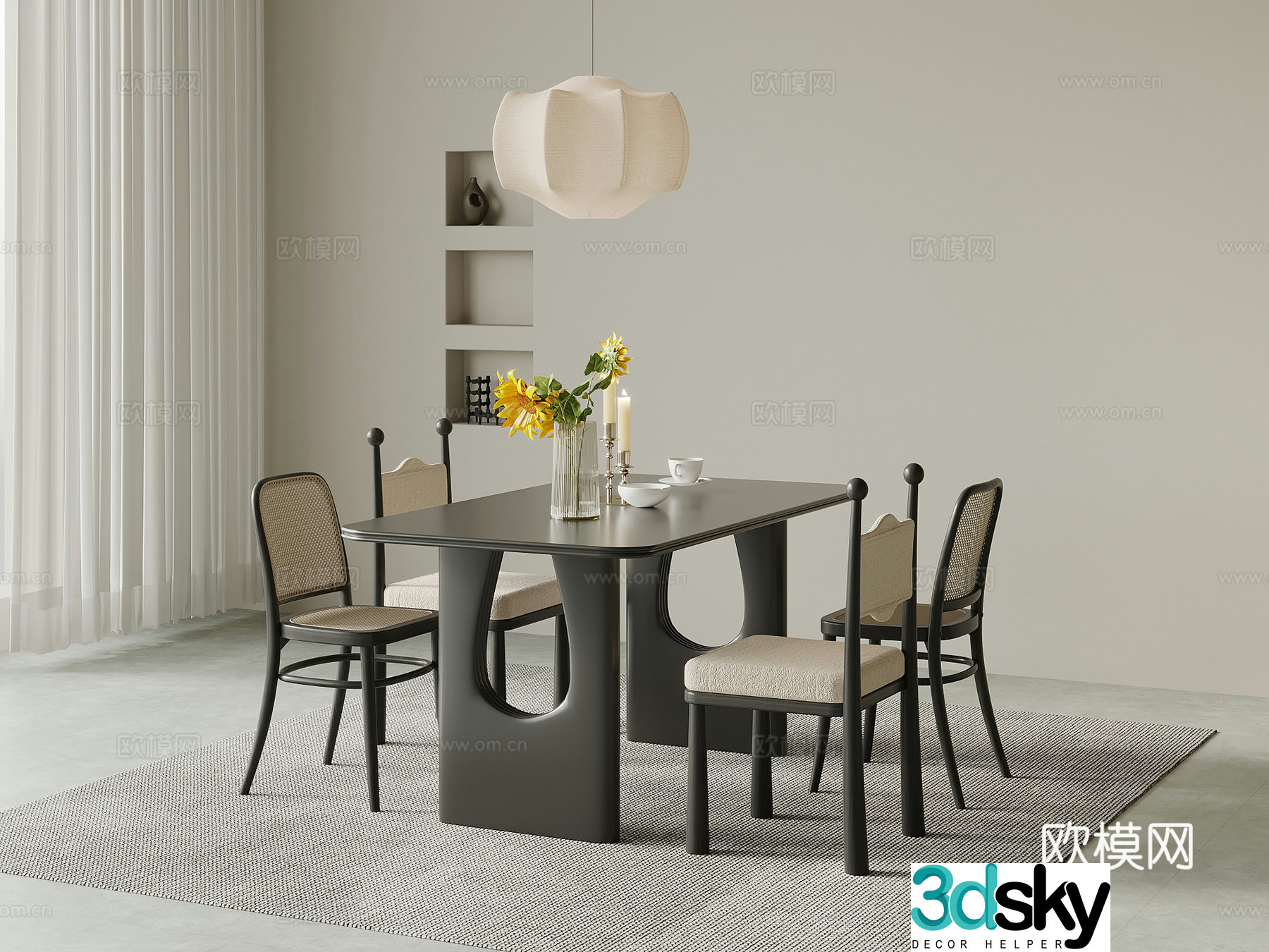Dining table and chair French retro style solid wood dining table and chairs Long dining table ornament accessories 3D model