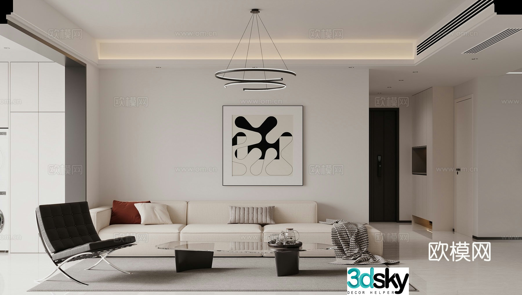 Modern minimalist living and dining room 3D model