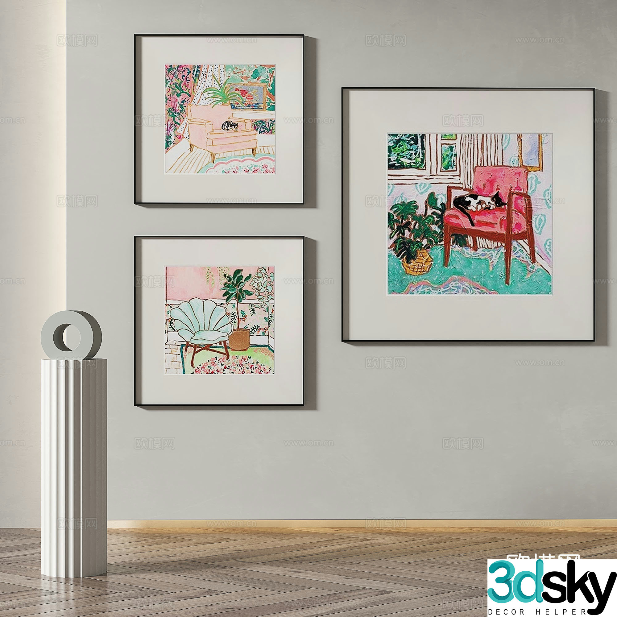Modern simple abstract retro oil painting decorative painting 3d model